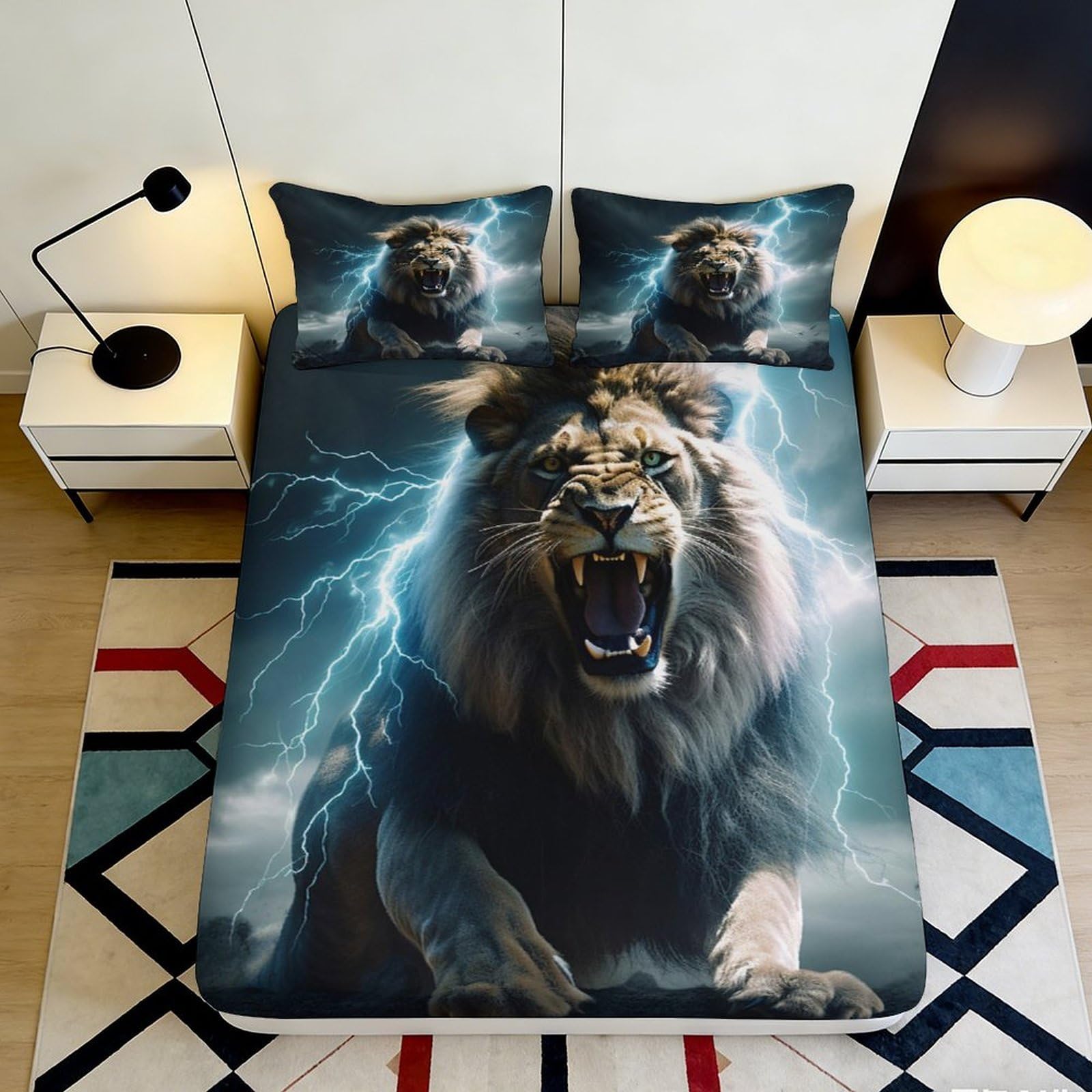 3D Printed Thunder Lion Fitted Sheet Microfiber Soft Lightning Mattress Cover for Bedroom Guest Room Decor 90x200x25cm