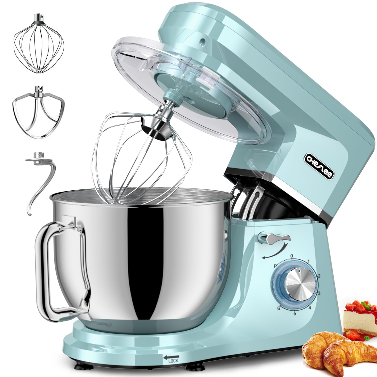 CHeflee Impastatrice Planetaria 2000W Planetaria Professionale 7.2 Litri Contenitore inox con Maniglia,Sbattitore, Frusta, Gancio per Impastare 6 Velocità