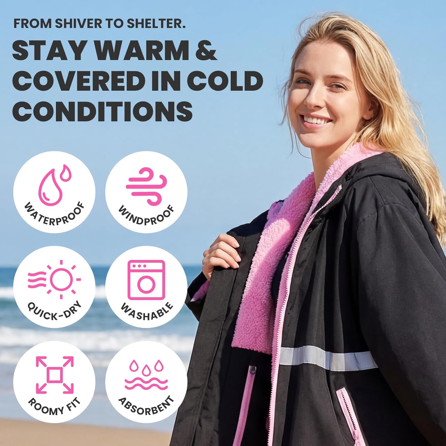 Owntop Swim Parka Adult Kids | Waterproof & Quick-dry | 2-Way Zipper | Oversized Hooded Changing Robe for Beach Pool - Image 2