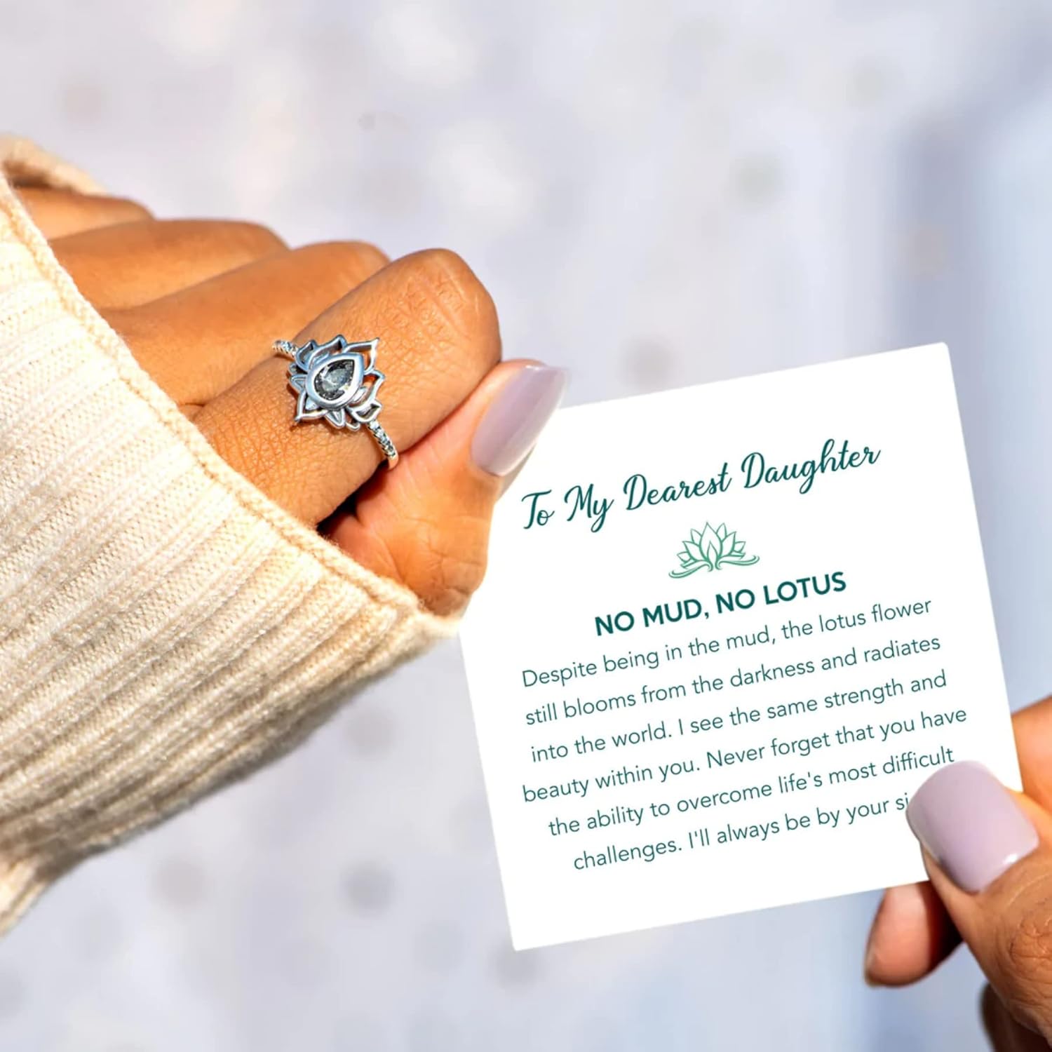 STORYJEWELLERY Daughter Ring, Daughter Gifts, Lotus Ring for Daughters, No Mud No Lotus Inspirational Birthday Gifts for Daughters - Image 4