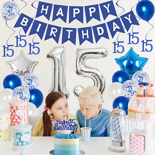 Miniatura 4 de Jollyboom Decoraciones de cumpleaños número 15: suministros de fiesta azul para adolescente, pancarta de feliz cumpleaños, globos de papel de