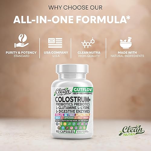 Miniatura 7 de Clean Nutraceuticals Cápsulas de suplemento de calostro pastillas probióticos prebióticos, L-glutamina, enzimas digestivas, folato, fibra, ACV,