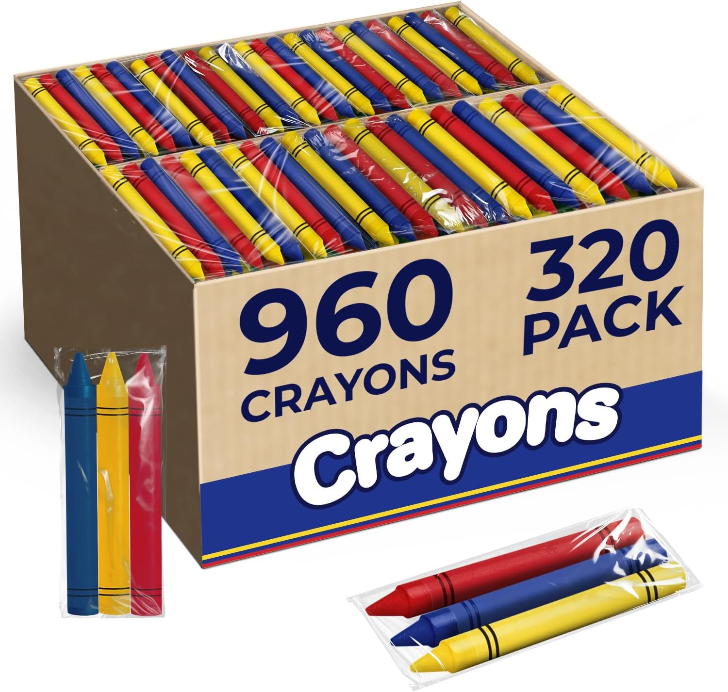 Rosmonde Crayons Bulk, 320 Sets of 3 Pack (960 Count), Set of 3 Vibrant Colors, Individually Wrapped Non-Toxic Coloring Crayons, Perfect for School Supplies, Classroom, Party Favors & Restaurants