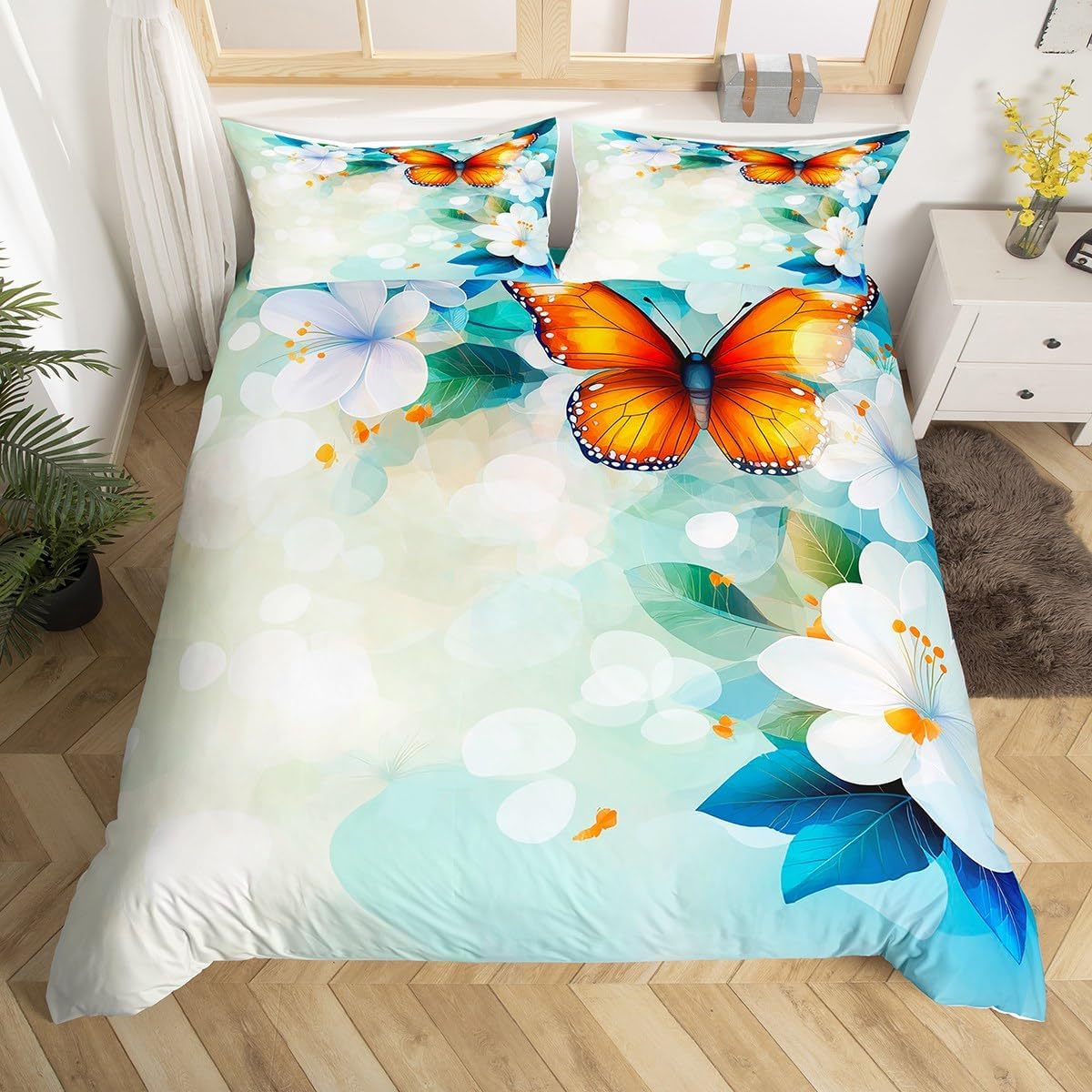 Erosebridal Branches Duvet Cover Colorful Birds Bedding Set Blue Red Vintage Flowers Petals Quilt Cover Plant Warm Romantic Girly Style Print Comforter Cover for Girl Women, 3 Pcs King Size