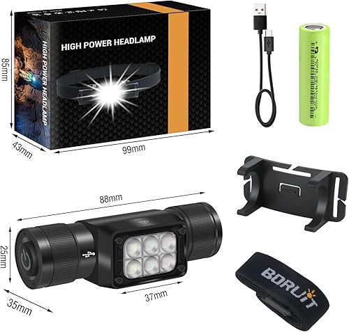 Miniatura 7 de BORUIT HP360 - Linterna frontal LED recargable con luz blanca, verde y roja, súper brillante de 2000 lúmenes, IP67 impermeable, 7 modos de trabajo,