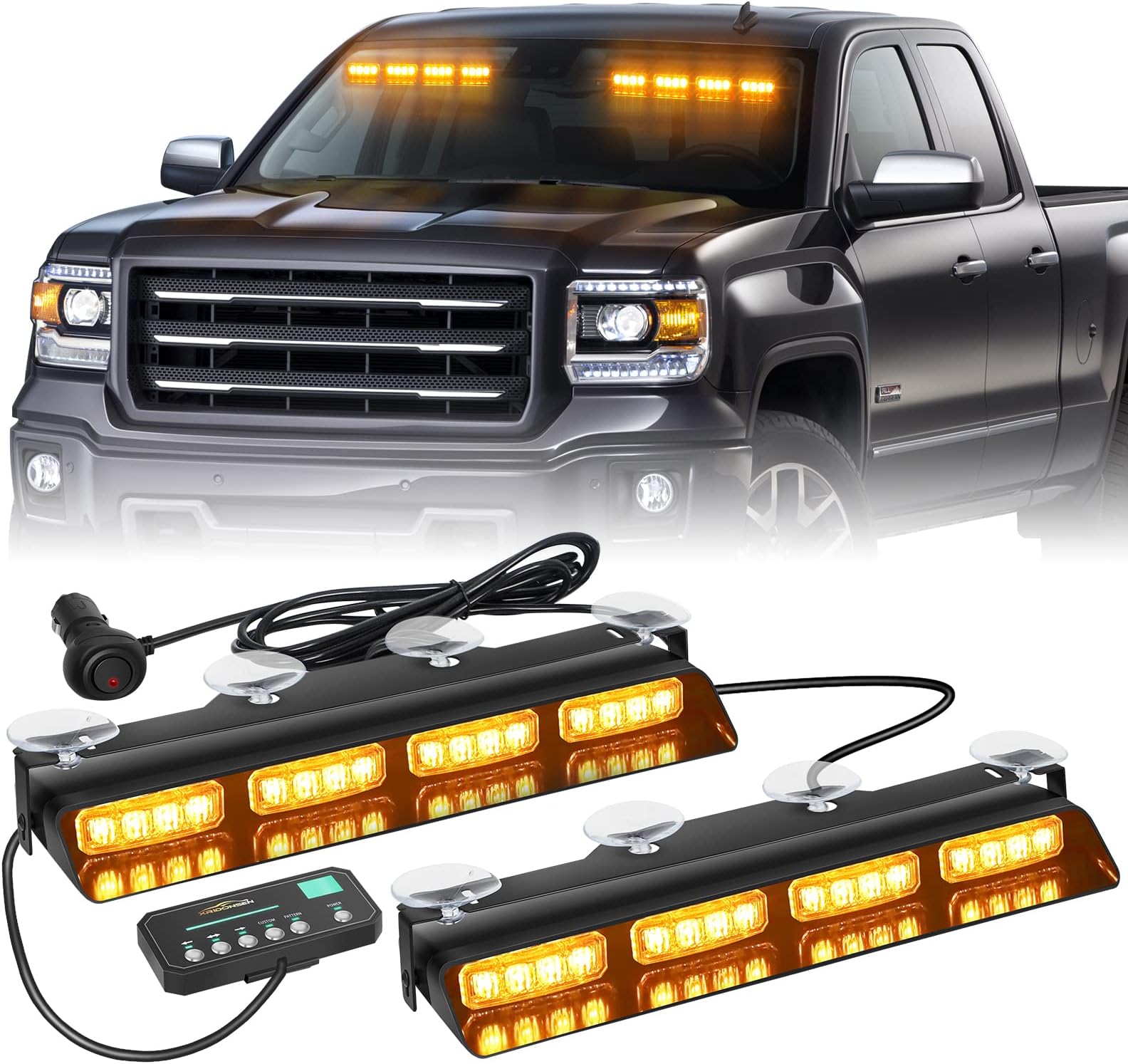XRIDONSEN Emergency Dash Strobe Lights Amber Safety Flashing Warning w/Digital Display Controller Interior Front/Rear Windshield Deck Split Light Bar for Construction Vehicles Trucks (2x14 inch)