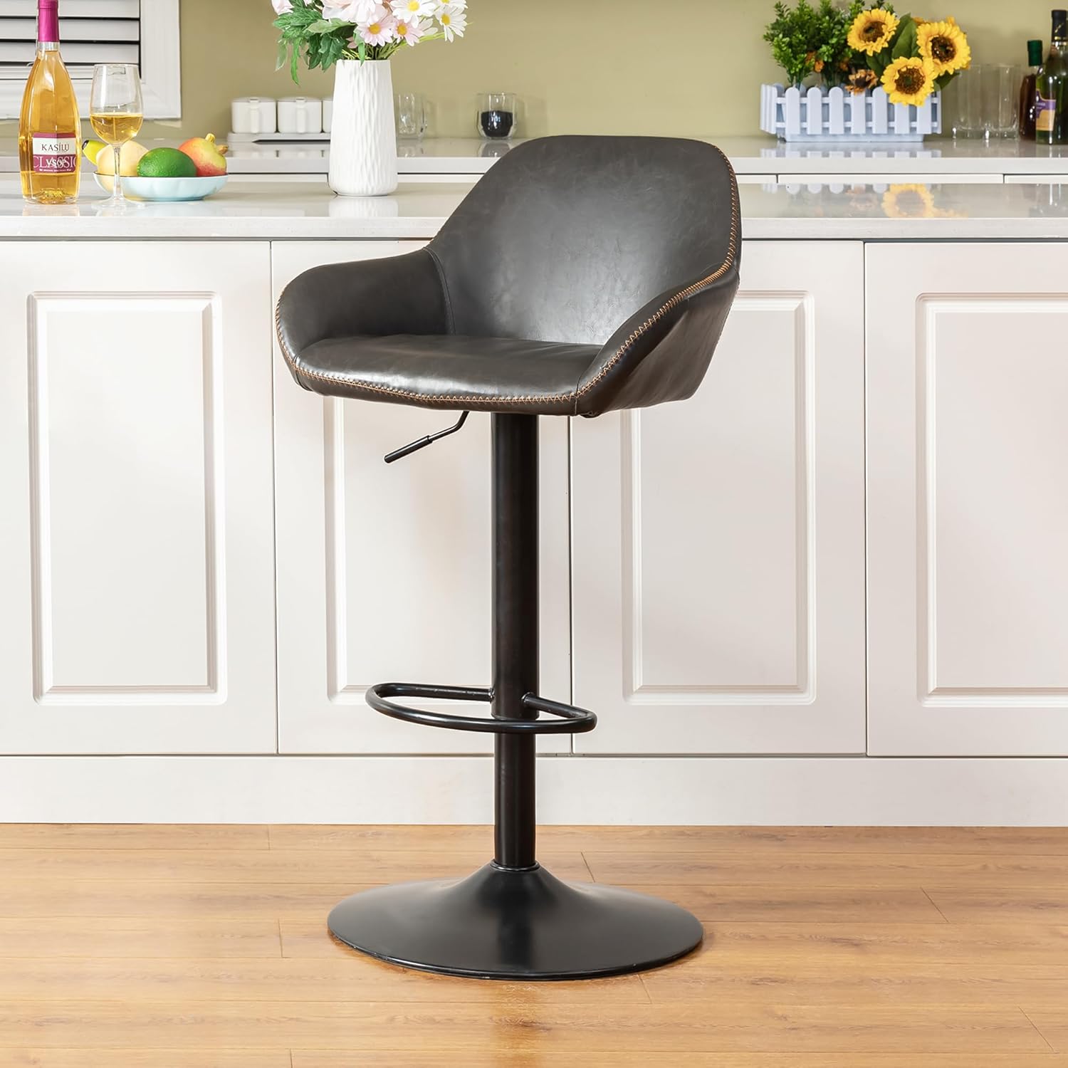 Glitzhome Swivel Bar Stool, Adjustable Faux Leather Counter Height Bar Chair with Back Support and Footrest, PU Upholstered for Kitchen Island Dining Room Pub Home Bar, Dark Grey