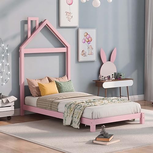 TMEOSK Cama de plataforma baja de madera individual con cabecero en forma de casa, cama de tienda de campaña para niñas y niños, dormitorio para
