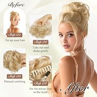 Coc dezordonat Sofeiyan, extensii din păr natural cu clips, bucle ondulate, chignon cu agrafă, blond bej cu șuvițe blond deschis, pentru femei 4