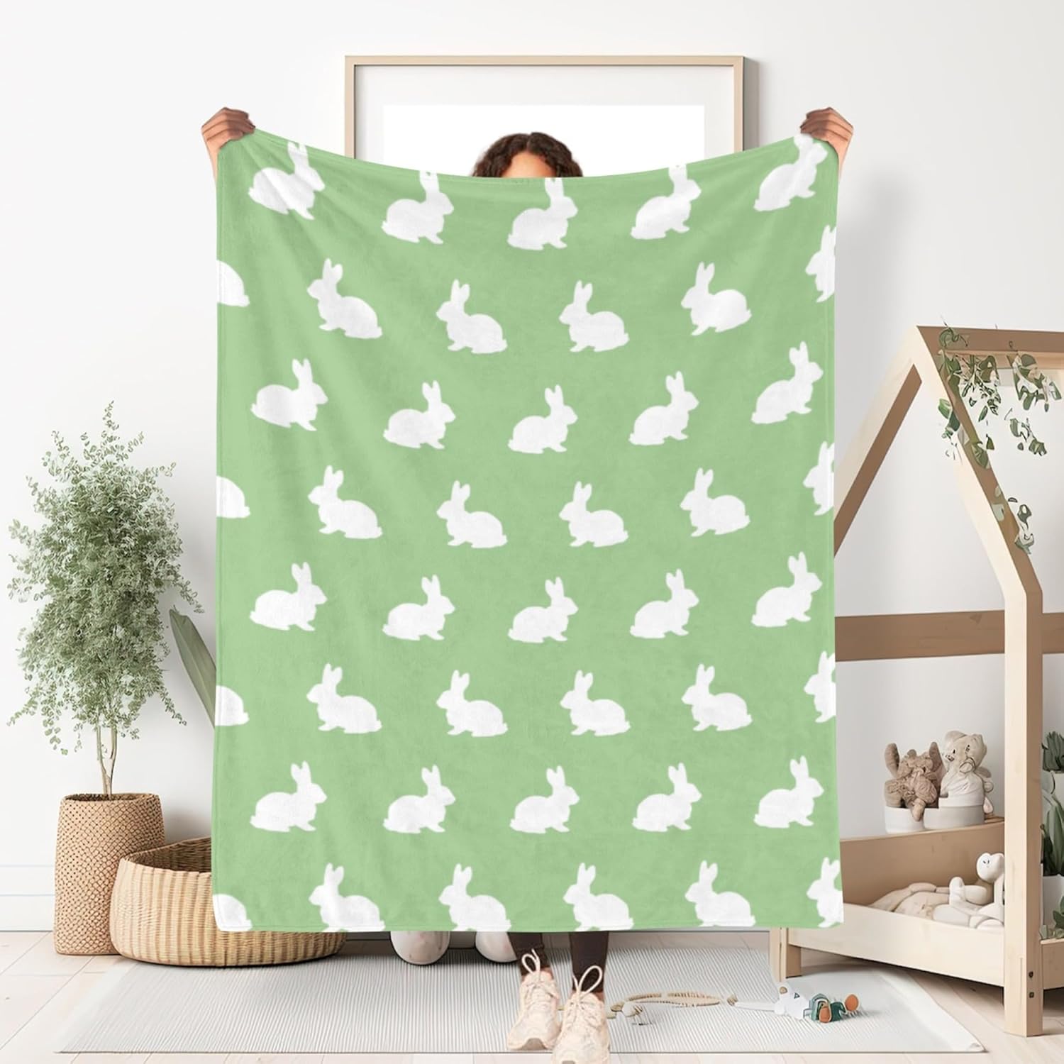 ITFRO Easter Gift Flannel Fleece Throw Blanket for Couch 50x60 Inch Cute Rabbit Mother's Day Ultra Soft Polyester Blanket All Seasons for Bed Sofa (Rabbit Green)