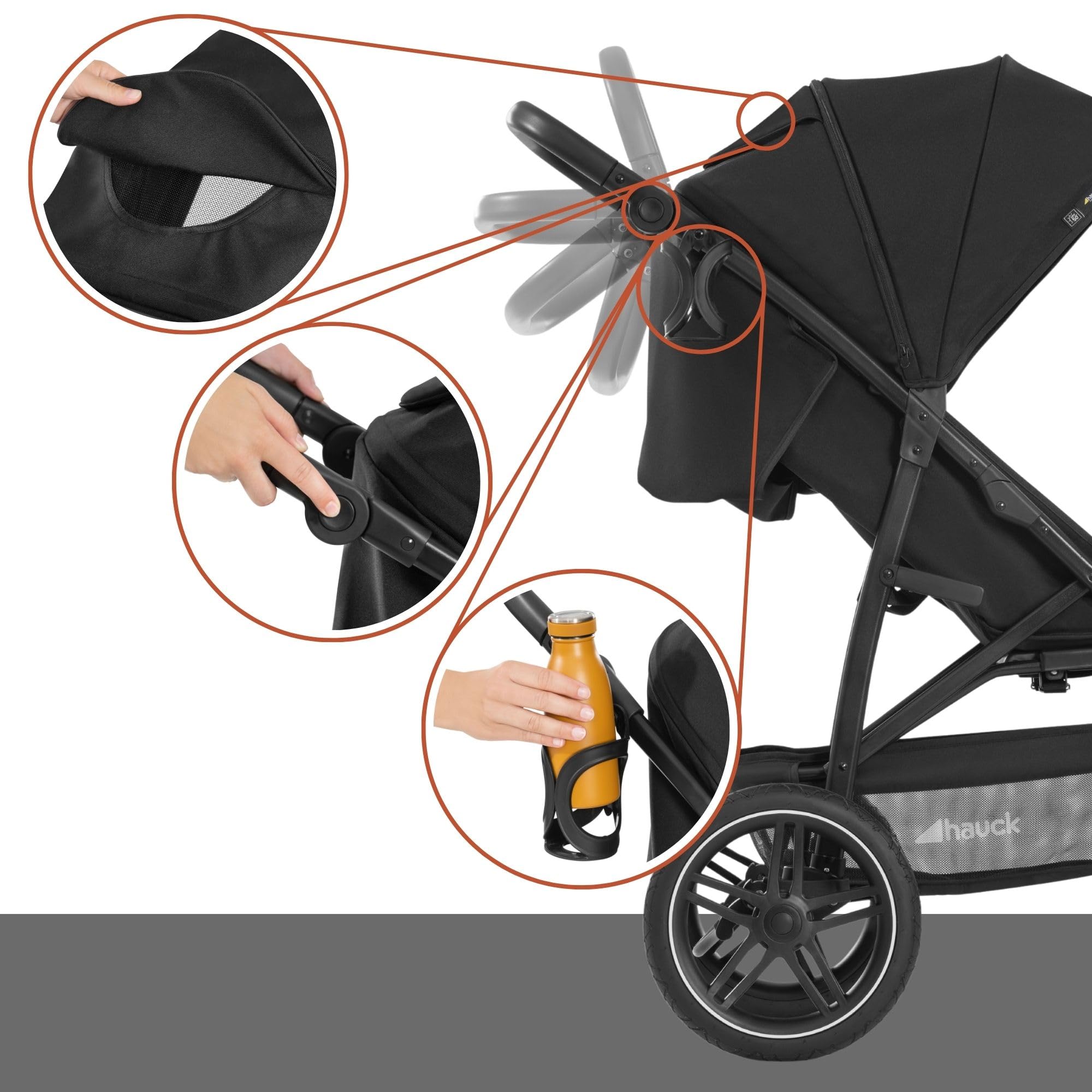 Hauck Poussette 3 Roues Rapid 3R, Pneus Caoutchouc, Suspension, Position Allongée, 22 kg, Protection UV 50+, Pliable, Guidon Réglable, Noir