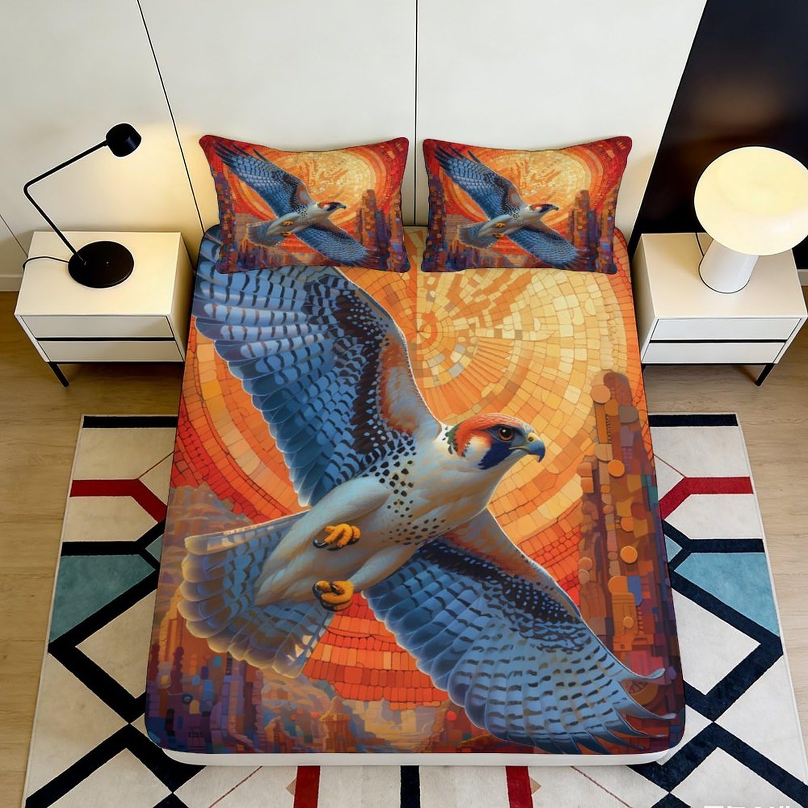 3D Printed Falcon Fitted Sheet Microfiber Deep Pocket Elastic Hem Falcon Mattress Fitted Cover Washable Bedroom 140x200x25cm
