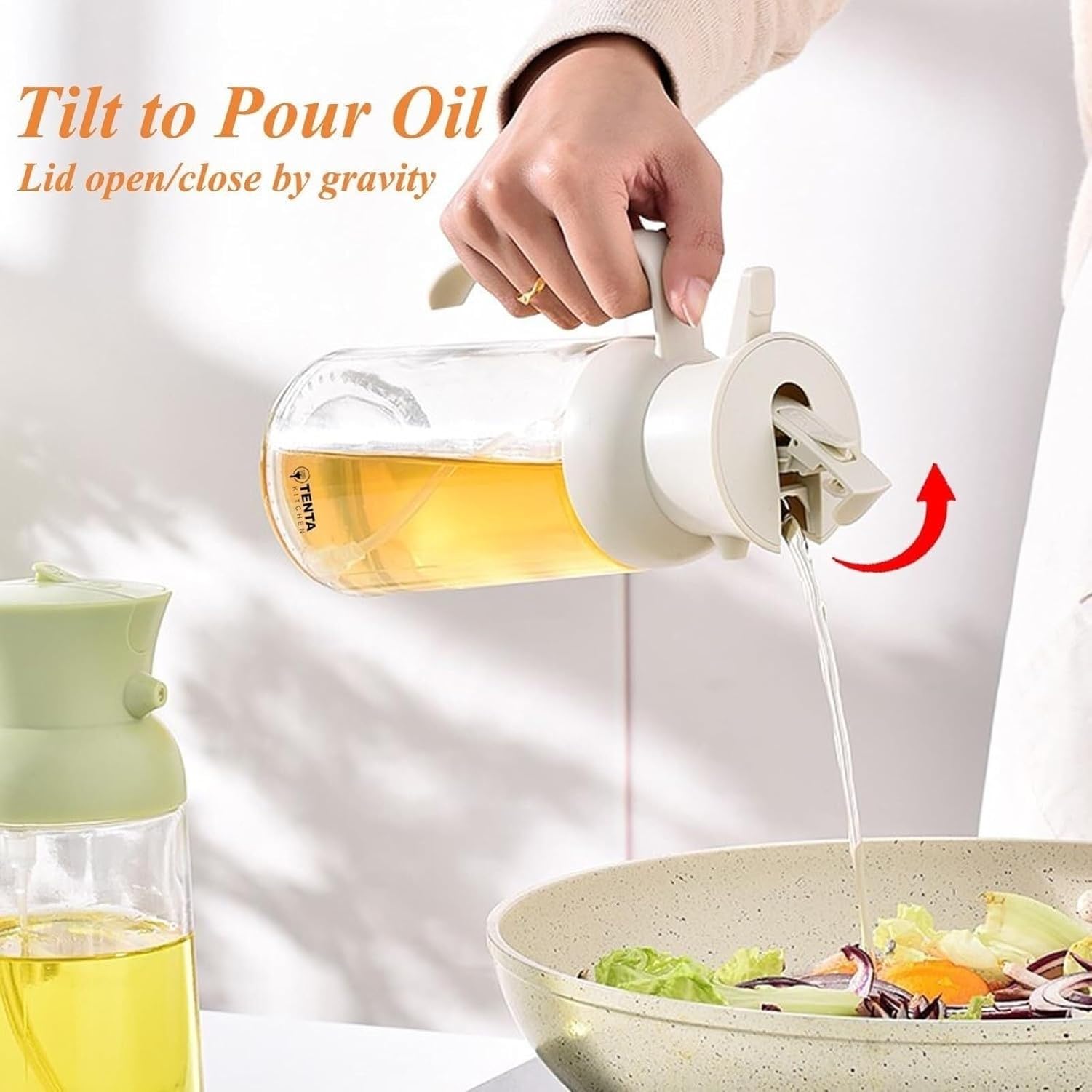 Mehrzweck Ölflasche mit Sprühkopf für Küche, wiederbefüllbarer Olivenölspender für Grill und Salat, geeignet für Heißluftfritteusen und Braten, GRÜN, 550ml