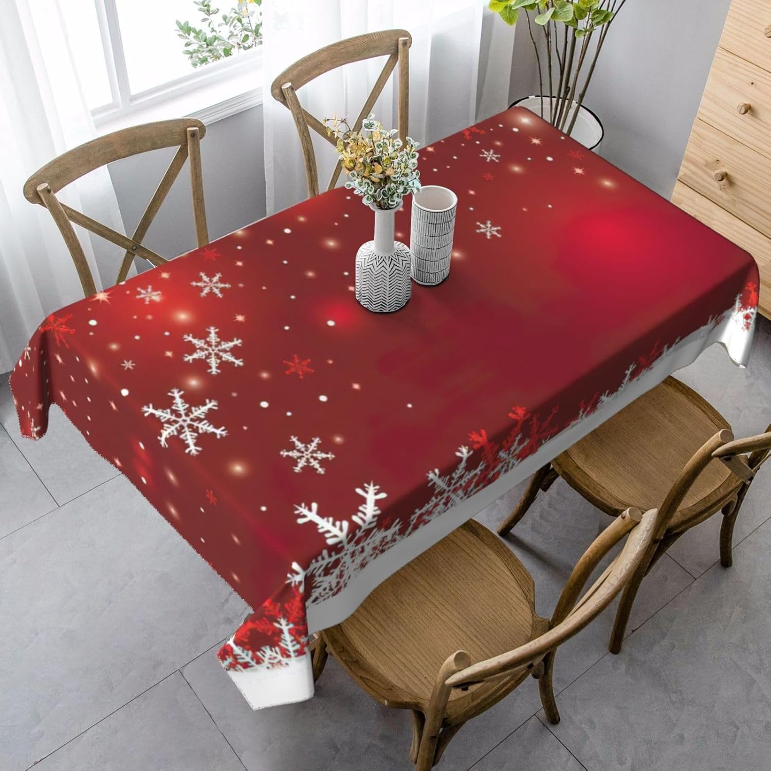 Nappe Rectangulaire 150x250 cm Motif Noël 3D Nappe de Table Rouge Tissu Polyester Anti-Taches pour Intérieur Extérieur Jardin Cuisine et Fête 8027v