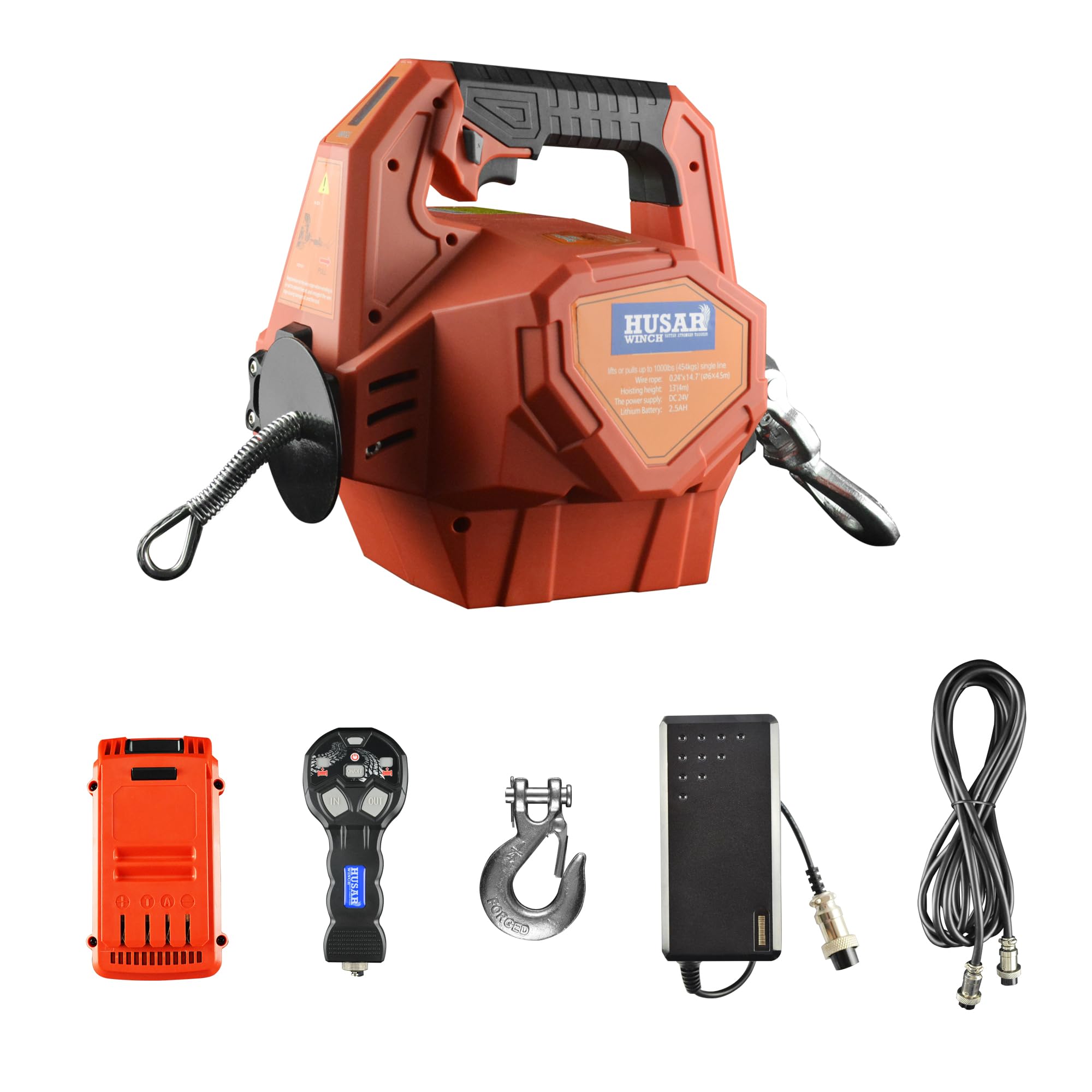 Treuil électrique à batterie portable avec Télécommande sans fil 24 V, 453 kg | 1000 lbs – Treuil avec corde synthétique de 12 m de long, portable pour industrie, remorqueur, remorque