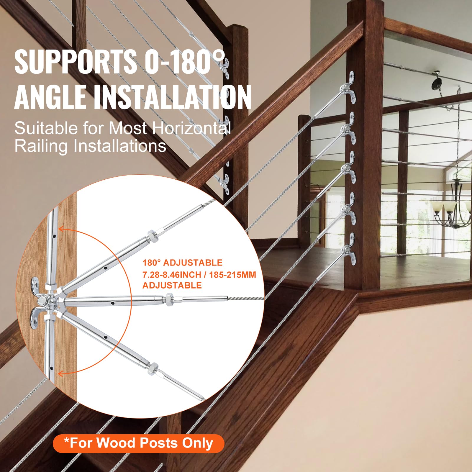 VEVOR Kit ringhiera per Cavi/Hardware per palo in Legno con Angolo Regolabile Acciaio Inossidabile T316, Grado Marino per Fune Metallica da 1/8", Angolo da 0 a 180 Gradi Argento (Confezione da 20)