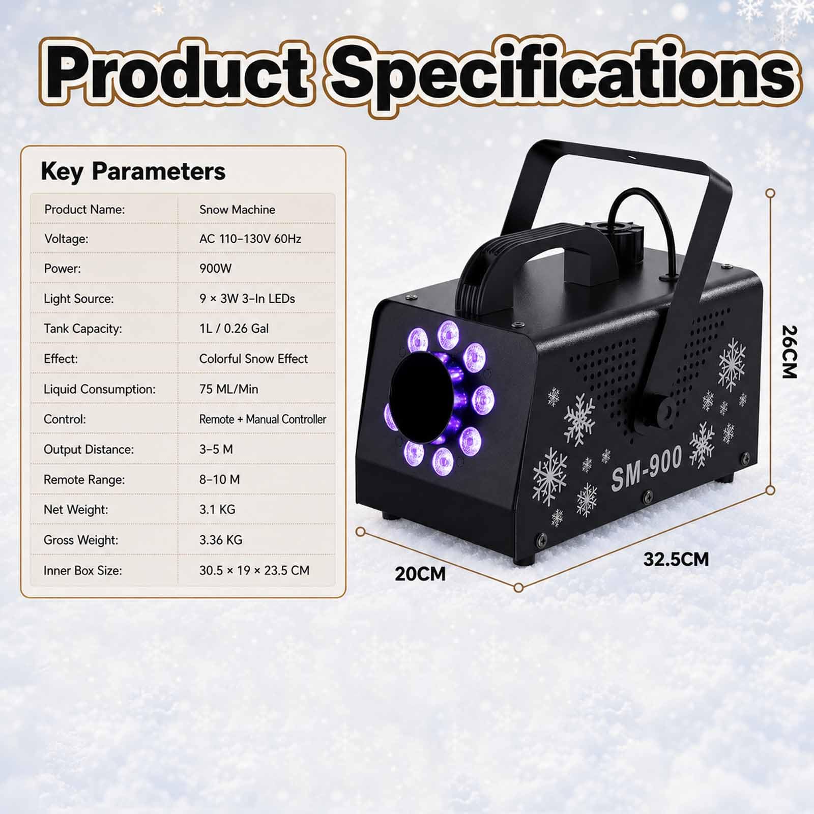 Macchina Per Fiocchi Di Neve Artificiali Da 900 W, 9 Led Con 15 Effetti Luminosi Colorati, Doppia Maniglia E Telecomando, Distanza Di Emissione 3-5 M E Distanza Del Telecomando 8-10 M