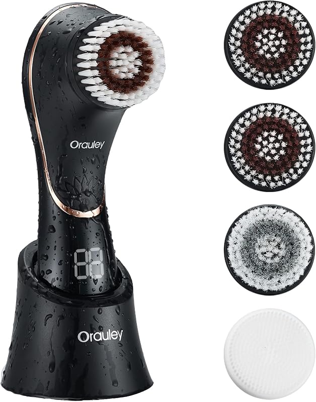 Escova elétrica para limpeza facial Orauley com 4 cabeças, 2 velocidades, bateria recarregável e IPX7, preta