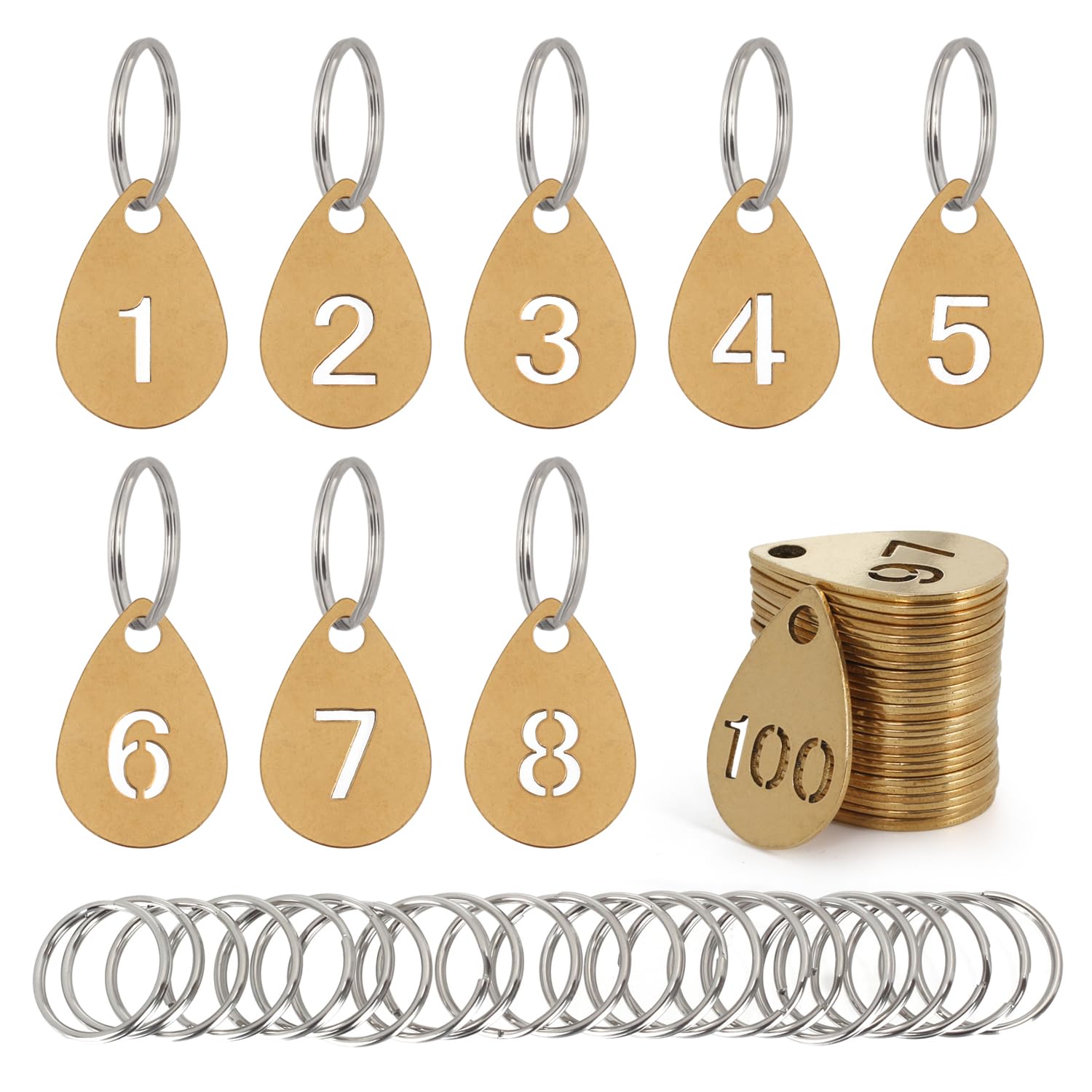 NumRealm Key Tags with Numbers, Brass Droplet Shaped key ID Tag, Metal Number Tags, Keychain Labels - 1 to 5