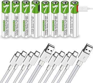 750mWh AAA Batteries 8 Pack Lithium-ion Rechargeable AAA Batteries with 2pcs 4 in 1 USB Type C Charge Cable, AAA Size Lithium Battery for Solar Lights Household Office Devices
