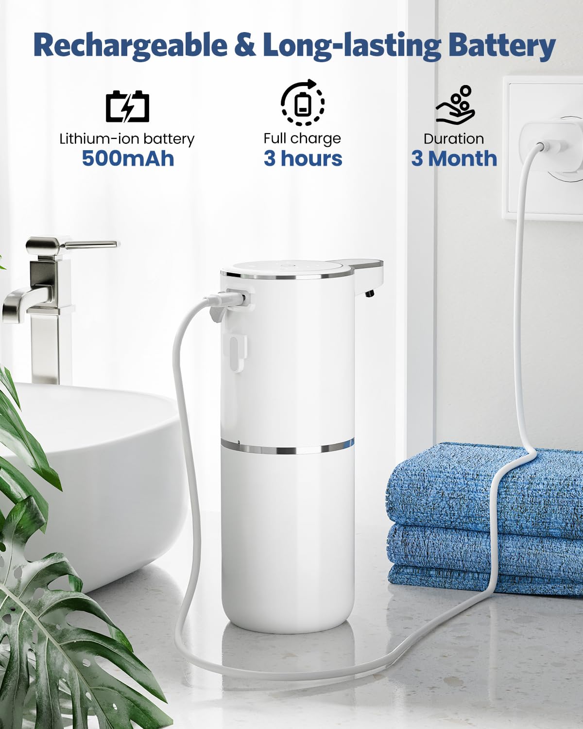 HAPPHOOH Dispenser Sapone Automatico, Dispenser Sapone Bagno a Muro Con Sensore Infrarossi, USB Ricaricabile 380ML Dispenser Sapone Schiuma Impermeabile IPX5 per Cucina, Bagno, Hotel