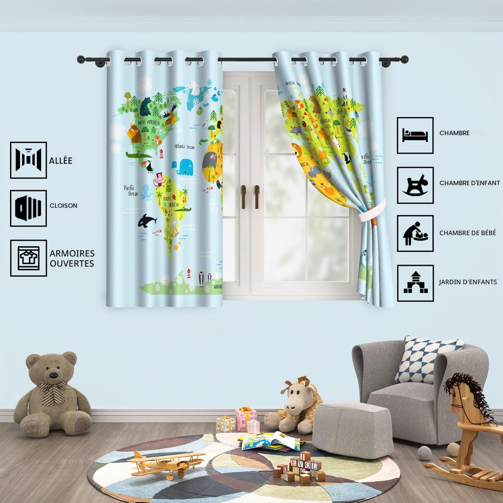 YONGFOTO Rideaux Occultants Carte du Monde Animaux pour Chambre Enfant | Bleu Bébé Animaux de la Forêt Aventure Safari Rideau Thermiques pour Chambre de Garçon avec Œillets 2 Panneaux 117 x 138 cm