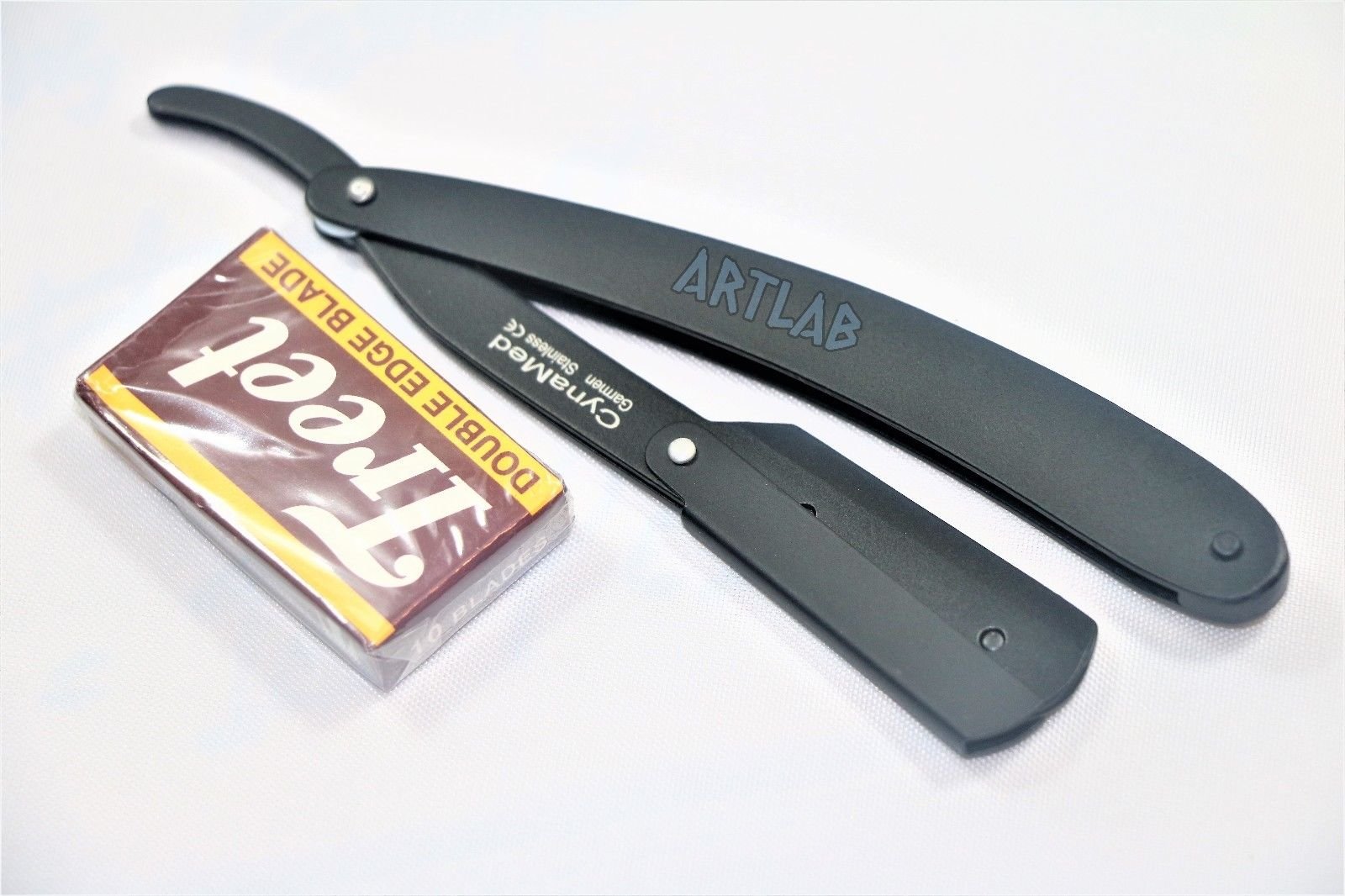 GERMAN STAINLESS PROFESSIONAL BARBER HAIR SHAVING STRAIGHT FOLDING RAZOR W/ 10 TREET BLADES (CYNAMED)