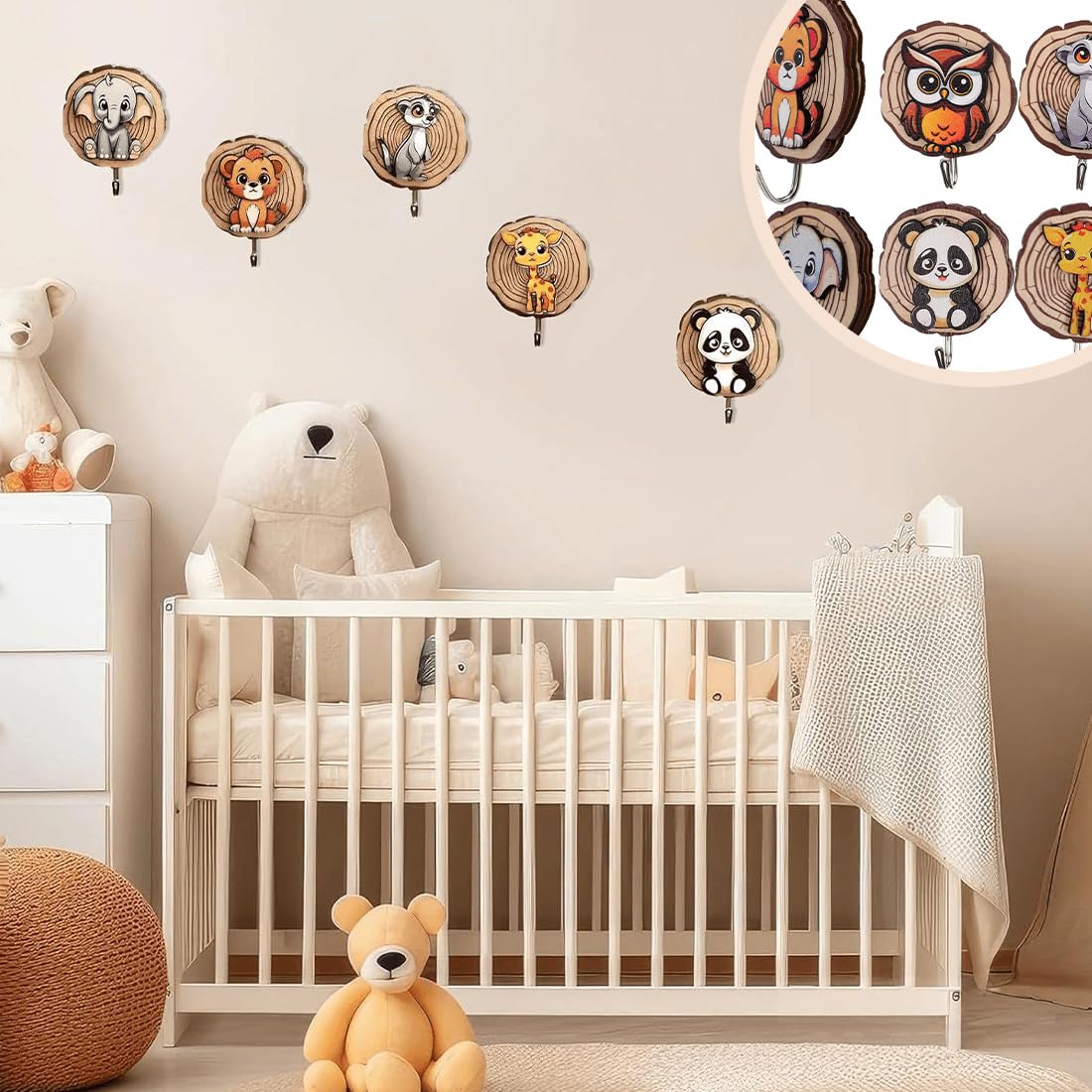 Appendiabiti per bambini a forma di animale, Ganci Autoadesivi in legno, 6 pezzi regalo camera