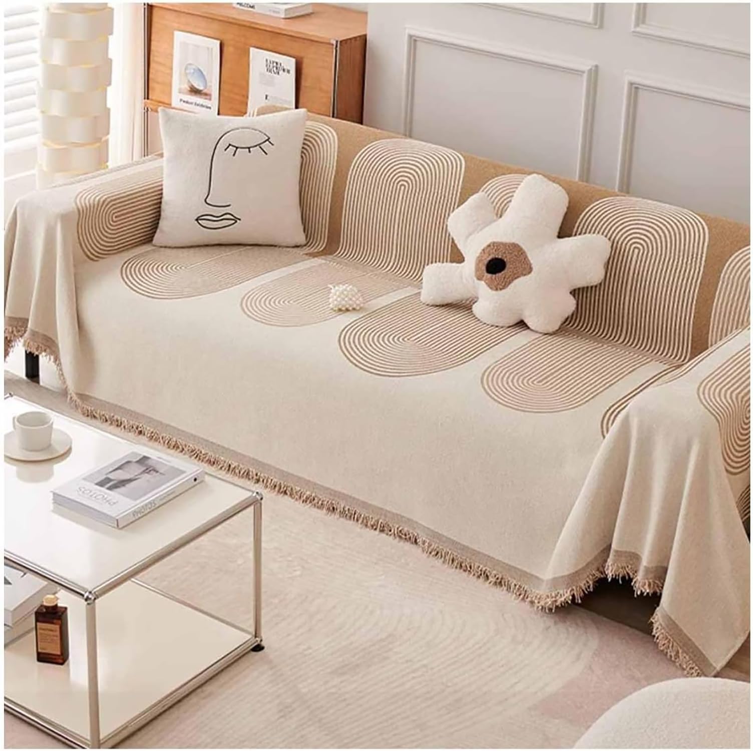House of Quirk Boho Couch Cover Chenille Sofa Cover Cover Dog Cat Anti-Scratch Protector Cover Soft Tassel Couch Cover Multi-Use Sofa Cover (Beige Juniper, Four Seater, 180 x 300 cm)-picture-11