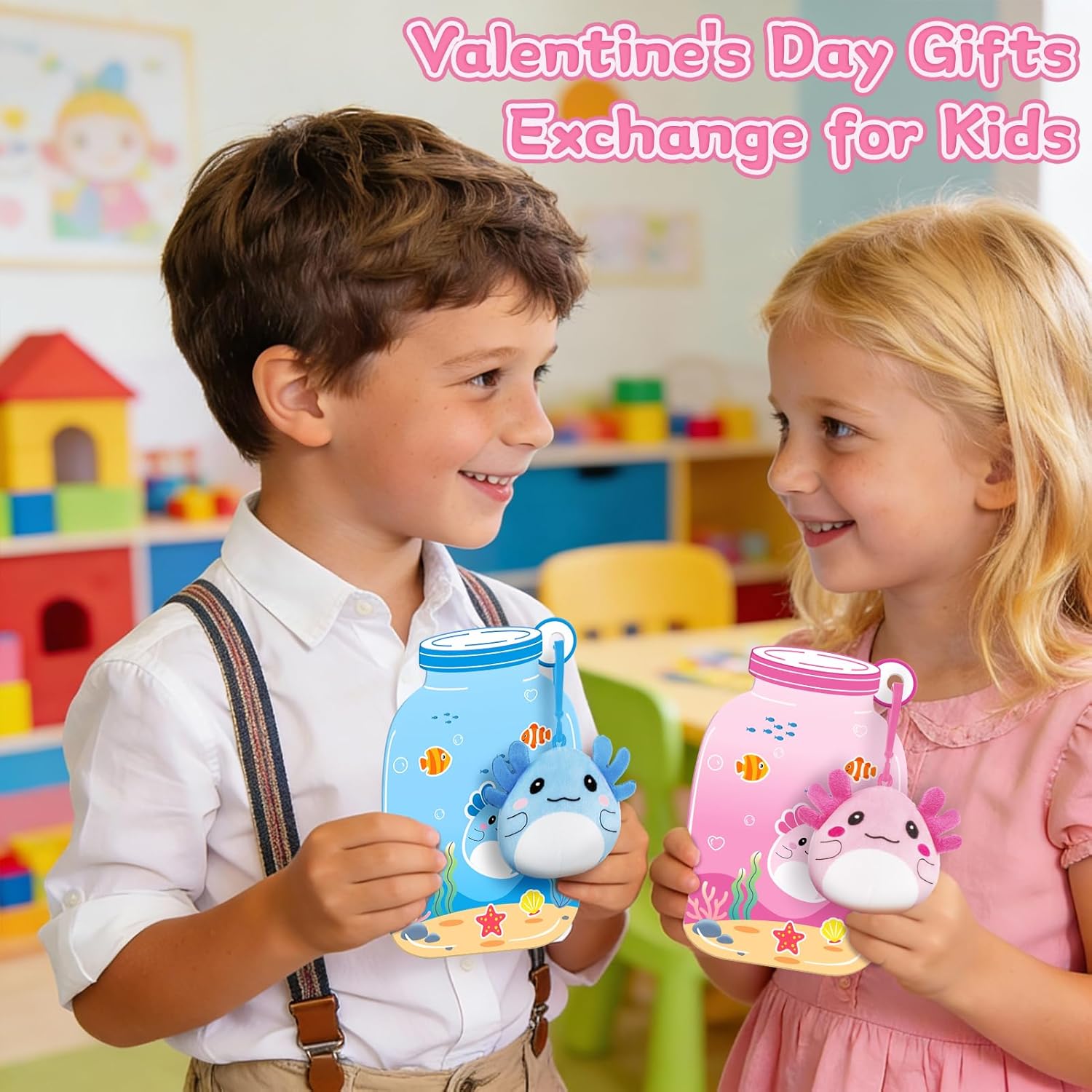 Valentines Day Cards Gifts for Kids Classroom, 24 Pack Axolotl Plush Toy Keychains with Valentines Greeting Cards for Boys Girls Toddlers, Stuffed Animals Set for Class Student School Exchange Party Favors