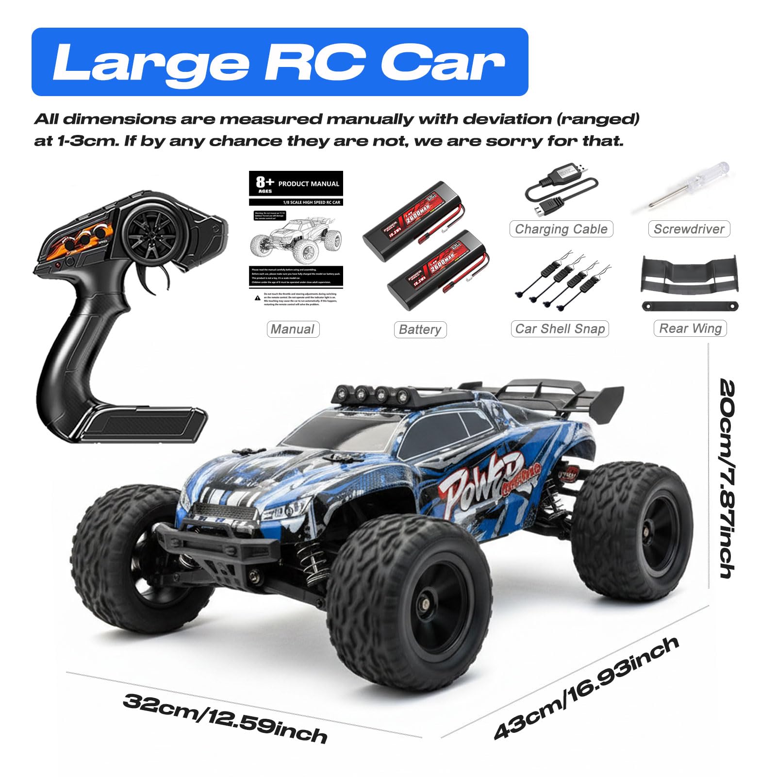 Voiture RC 1:8 50 km/h Buggy Tout Terrain Haute Vitesse | Moteur RC550, 2 batteries 7,4V 2600mAh, contrôle proportionnel 2,4G, éclairage LED, véhicule télécommandé pour adultes