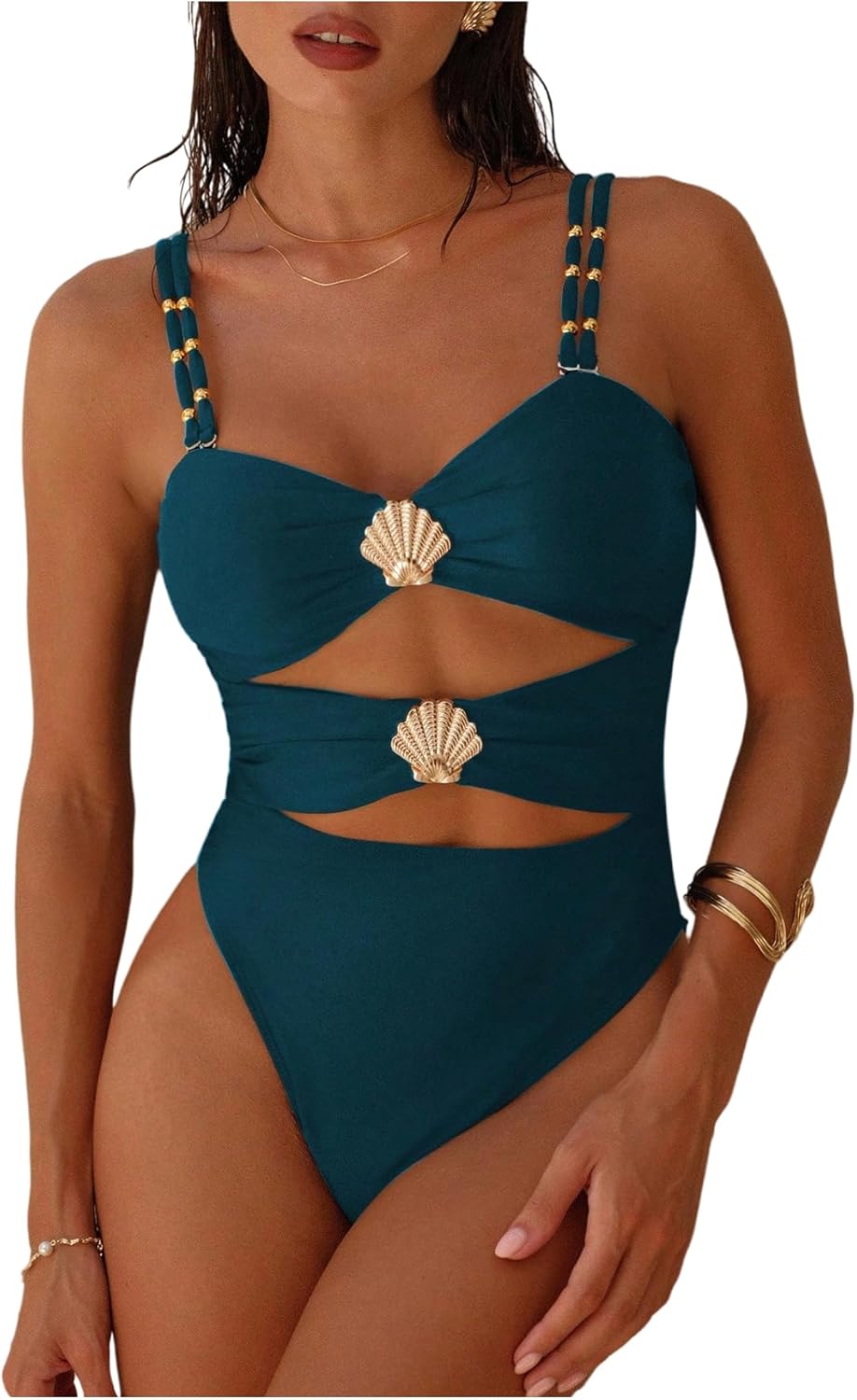 WDIRARA Women's Cut Out One Piece Swimsuit Metal Seashell High Cut Swimwear