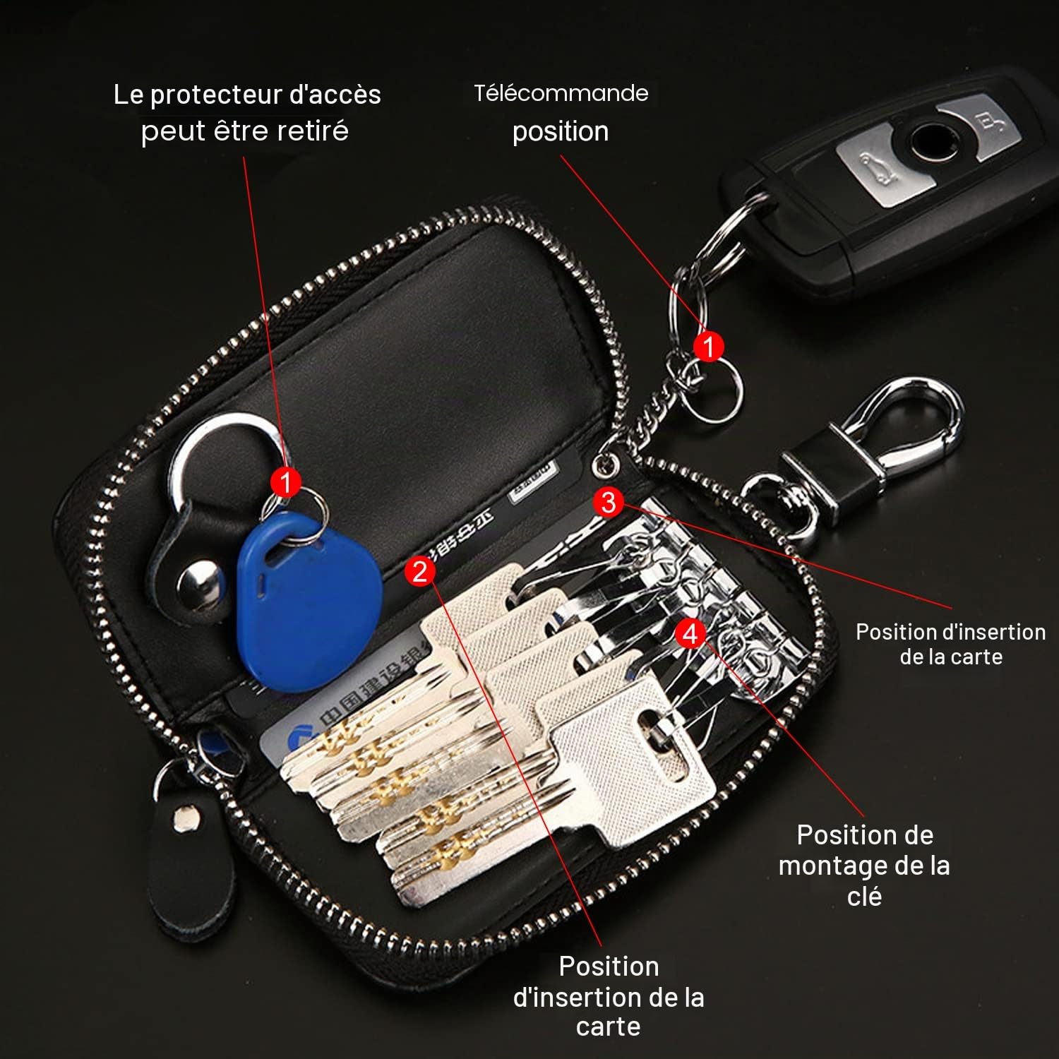 1 pièce de porte-clés de voiture en cuir de vache, portefeuille à fermeture éclair de grande capacité avec crochet, porte-clés de style classique pour cartes bancaires, clés (noir), Noir , 50