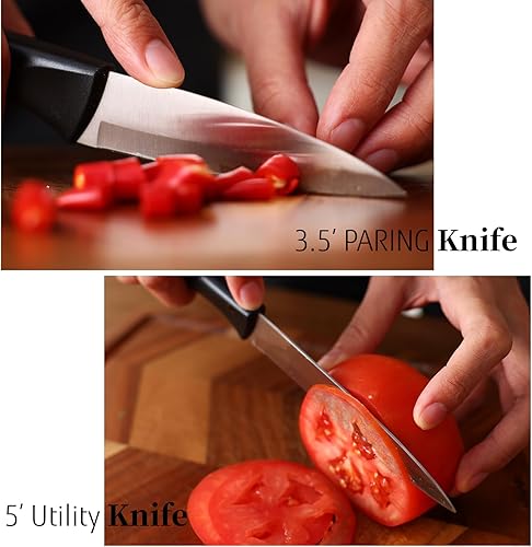 Miniatura 9 de Juego de cuchillos negros con bloque de madera, juego de 7 piezas de bloque de cuchillos afilados con hoja de acero inoxidable mango ergonómico,