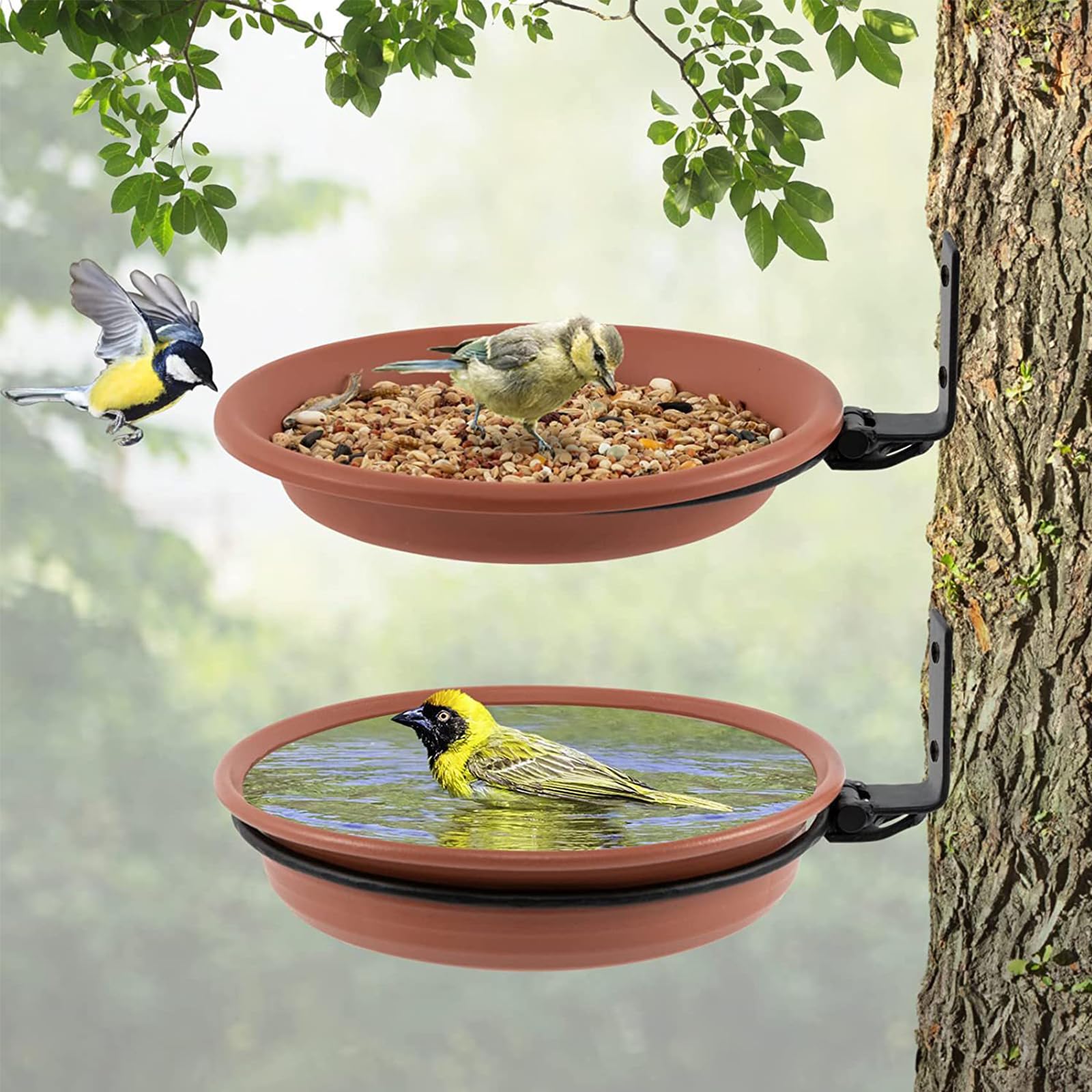 Grantop Lot de 3 mangeoires pour oiseaux et abreuvoir pour oiseaux, bain pour oiseaux, balustrade ronde avec support mural, pour attirer les oiseaux sauvages