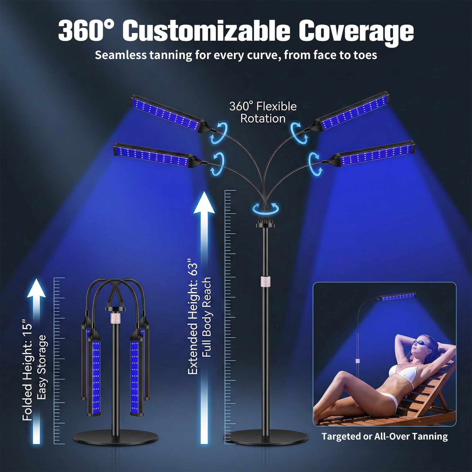 Lámpara de bronceado para el hogar: lámpara de bronceado facial con 4 cabezales de lámpara y 540 bombillas LED, soporte giratorio de 360°, 5 modos de iluminación, temporizador ajustable, con gafas