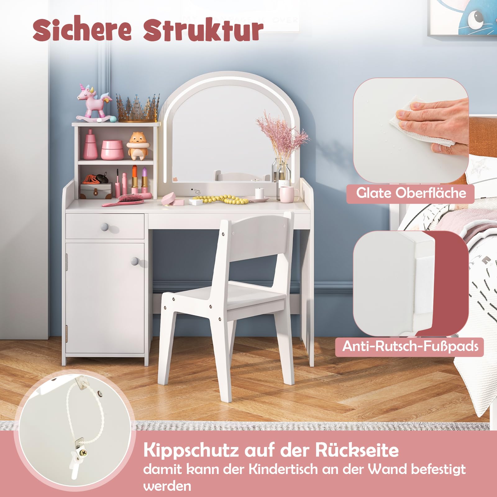DREAMADE 2 in 1 Schminktisch Kinder mit Hocker und LED-Spiegel, Prinzessin Frisiertisch mit Schublade & Regal & Schrank, Make-up Kosmetiktisch, Kinderschminktisch aus Holz für Kinder (Weiß)
