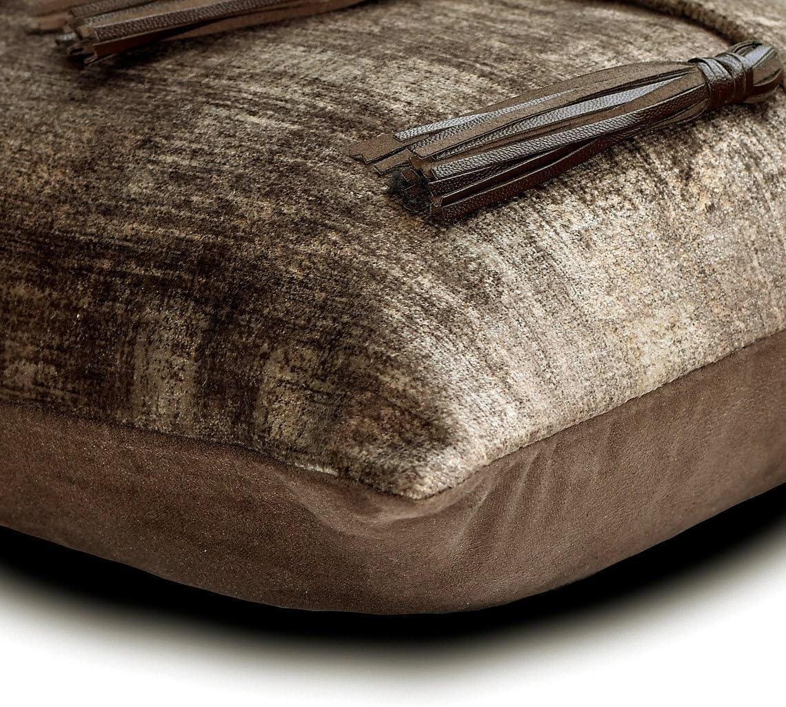 The HomeCentric Brown 12"x16" (30x40 cm) Lumbar Pillow Cover, Velvet Suede wth Foil Textured Fabric, Foil & Tassles Oblong Pillow, Solid Color Pattern Modern Style - Tassels N Twine
