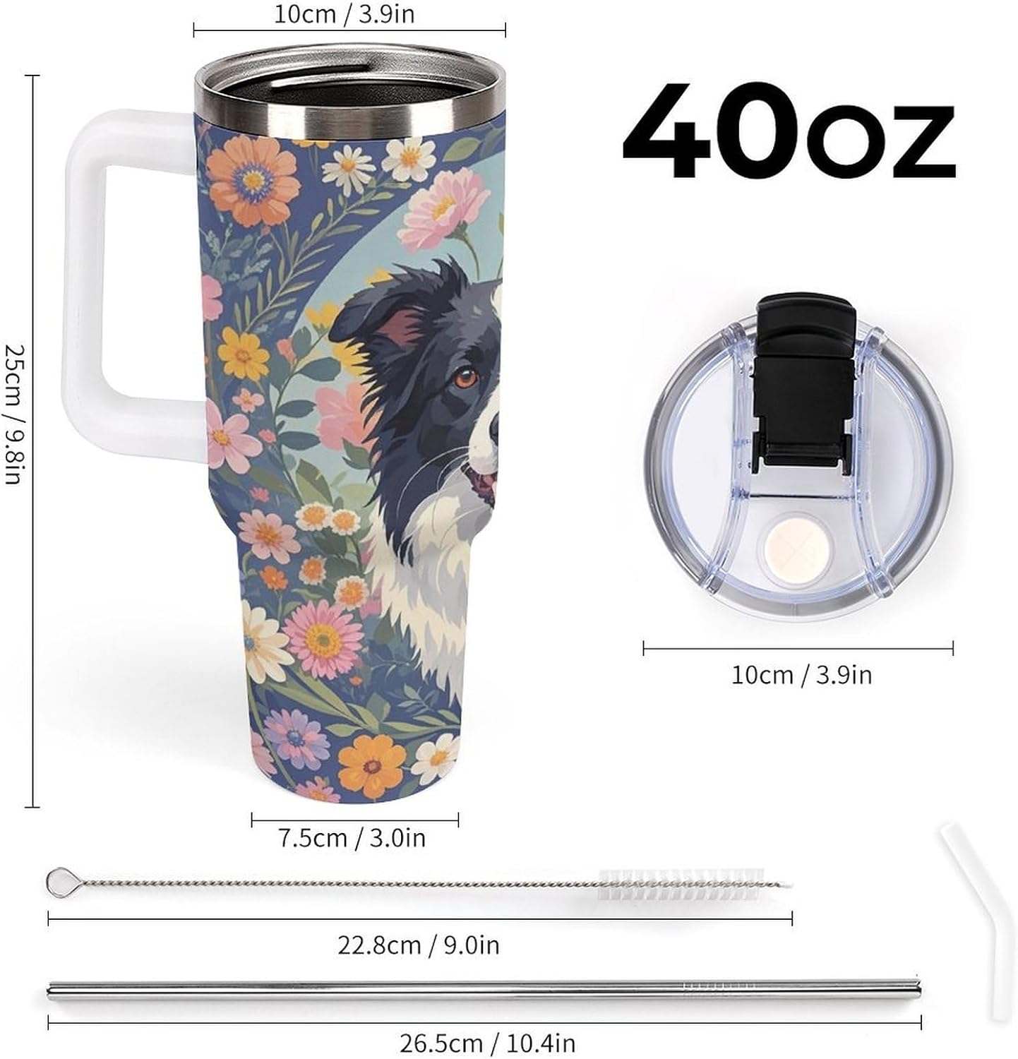 Border Collie Florals Travel Coffee Mug Reusable Durable Stainless Steel Insulated Tumbler with Handle And Straw Leak Resistant Portable Thermal Cup Gifts for Men Women 40 Oz