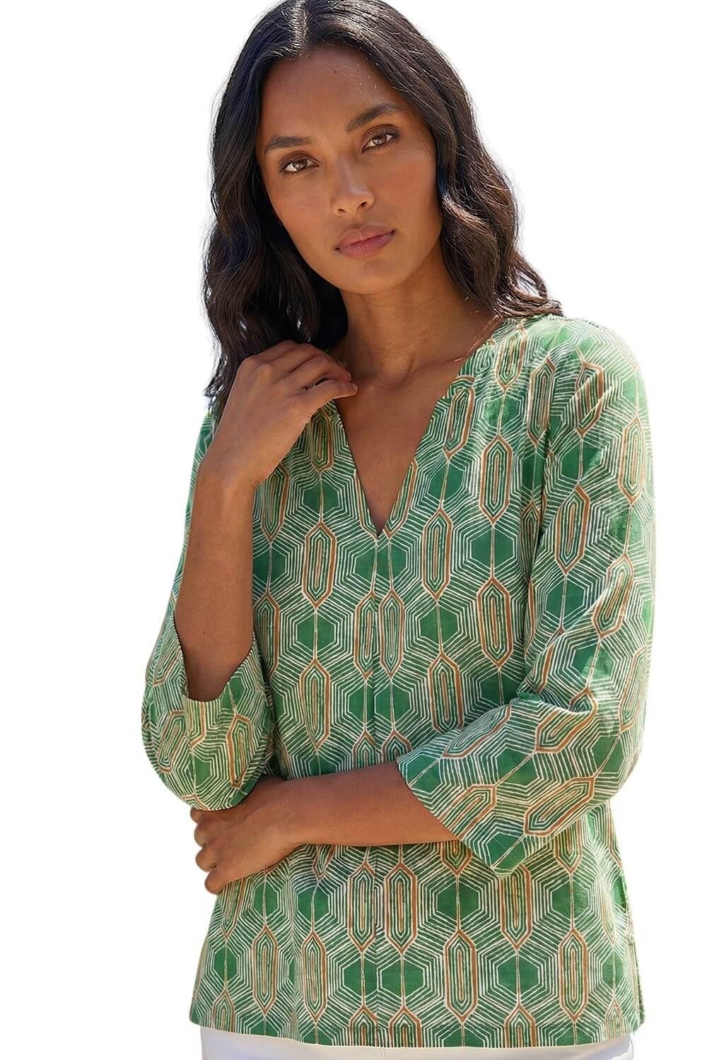 Roman Originals Women's Green Geometric Leaf V Neck Stretch Jersey Top For Uk Pleated Shirt Notch V Neck Blouse Summer Tunic Pull-On Soft Evening Holiday Work Party Everyday - Size 14