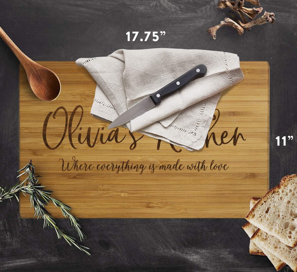 Andaz Press Personalized Large Bamboo Wood Cutting Board Gift, 17.75 x 11-inch, Rustic Laurels, Olivia's Kitchen, Where Everything is Made With Love, 1-Pack, Custom