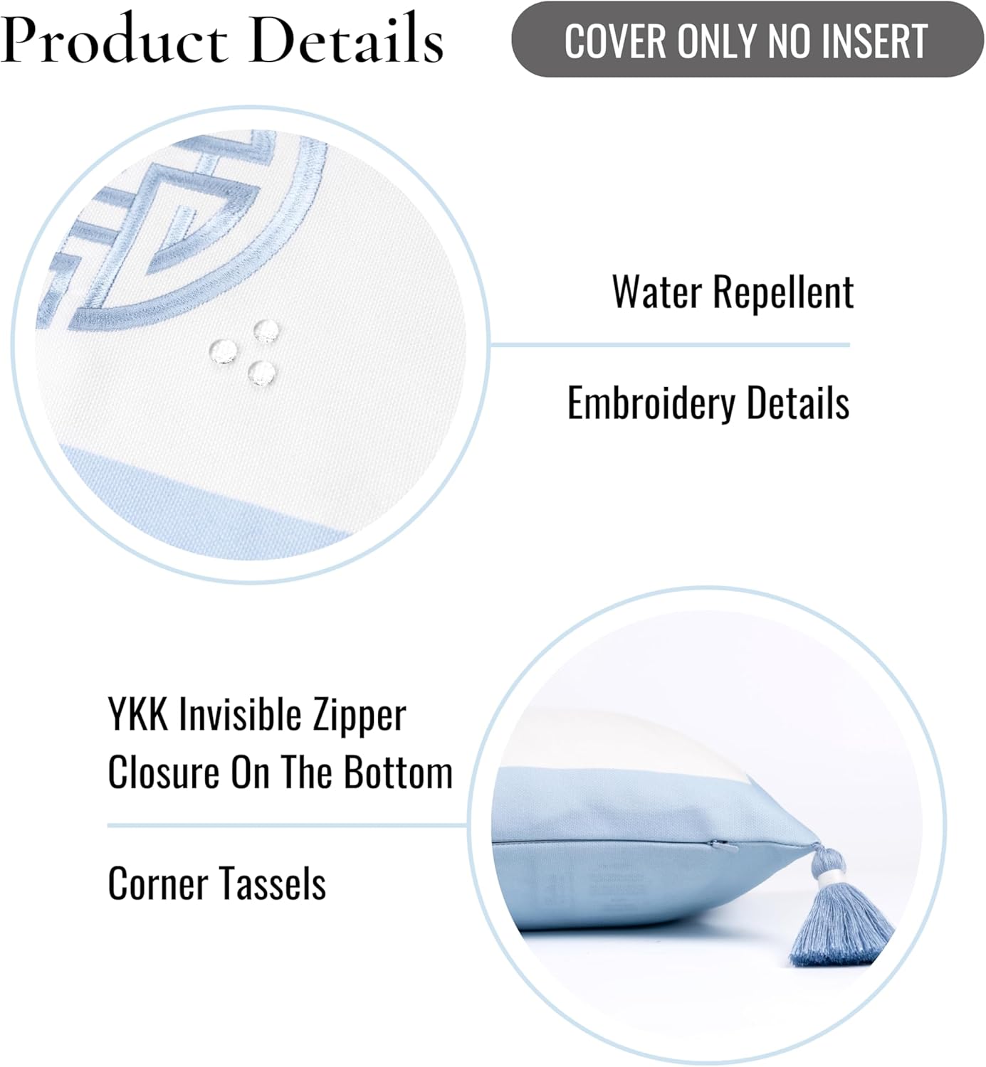 Hofdeco Premium Coastal Grandmillennial Patio Indoor Outdoor Lumbar Pillow Cover Only, 12"x20" Water Repellent for Backyard, Couch, Poolside, Baby Blue Embroidered Double Happiness Symbol