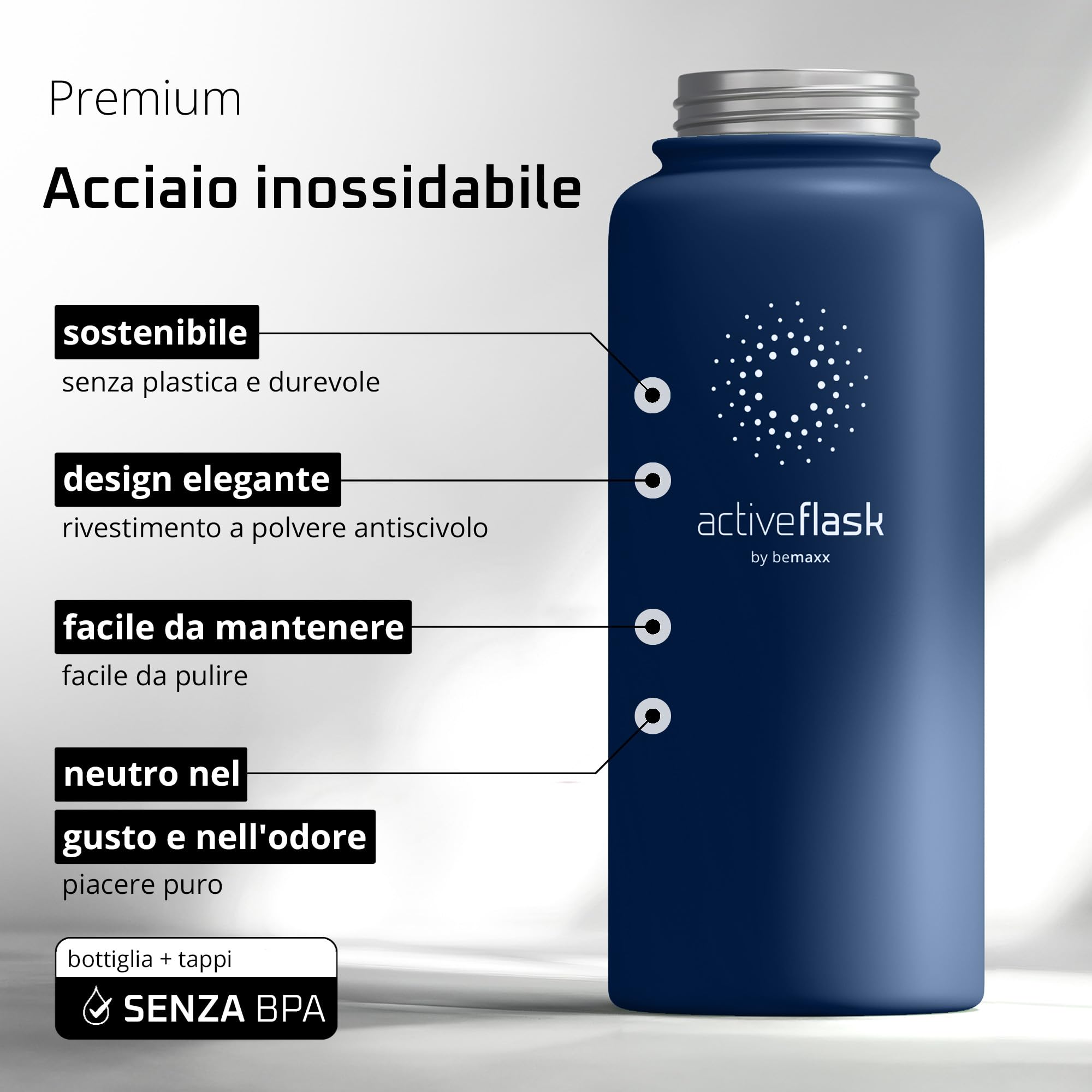 BeMaxx Borraccia Termica con Cannuccia ACTIVE FLASK 1 litro 750 ml 500ml (3 Tappi Infusore per Tè e Frutta), Senza BPA | Bottiglia Termica Acciaio Inox Isotermica - Palestra Sportiva Ufficio Fitness