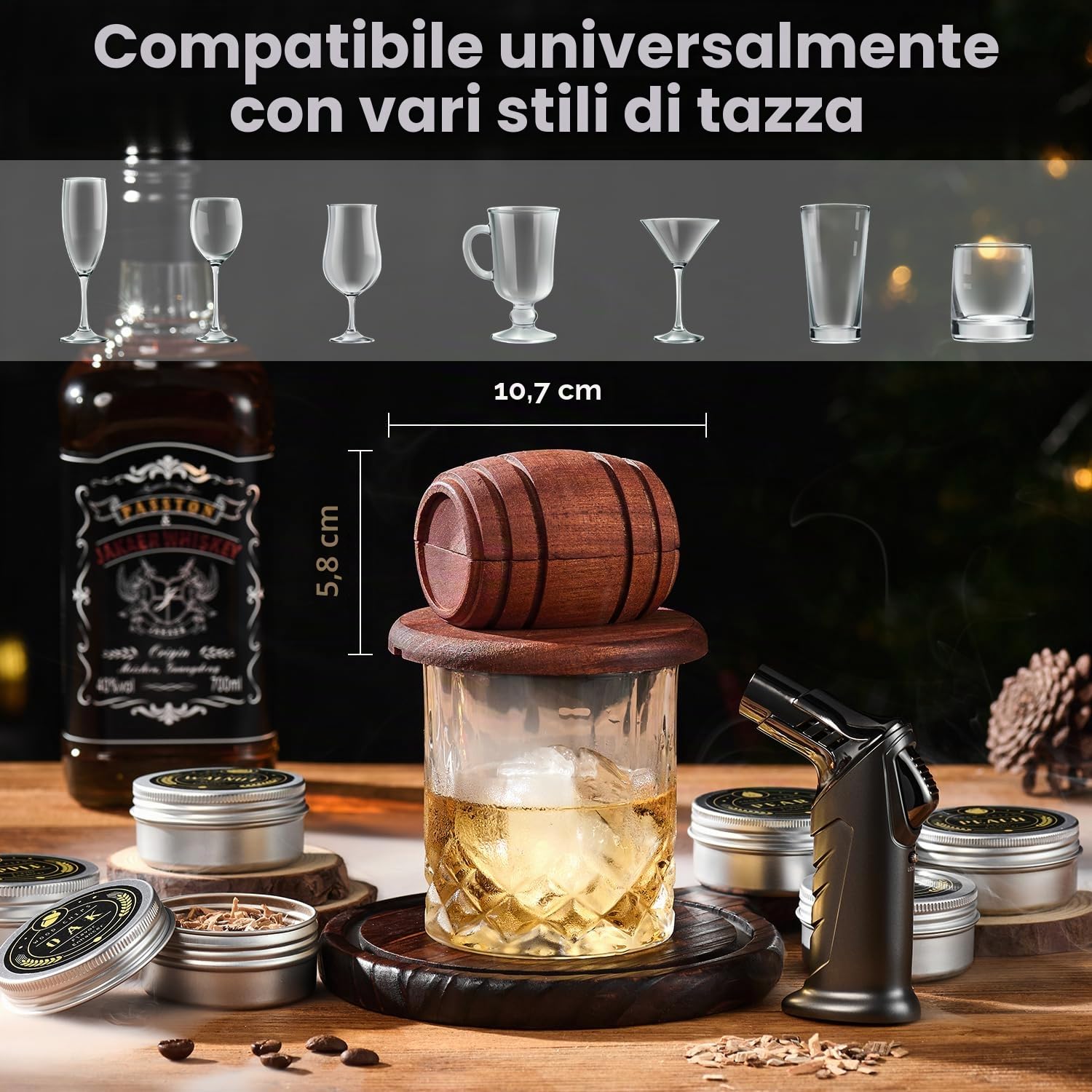 ComboJoy Kit Affumicatore per Whisky Cocktail con Torcia - 6 Aromi Scaglie Legno, 2 Bicchieri, 2 Cubetti Ghiaccio Silicone - Set Whisky Idee Regalo Compleanno Uomo Lui Papà Fidanzato (Senza Butano)