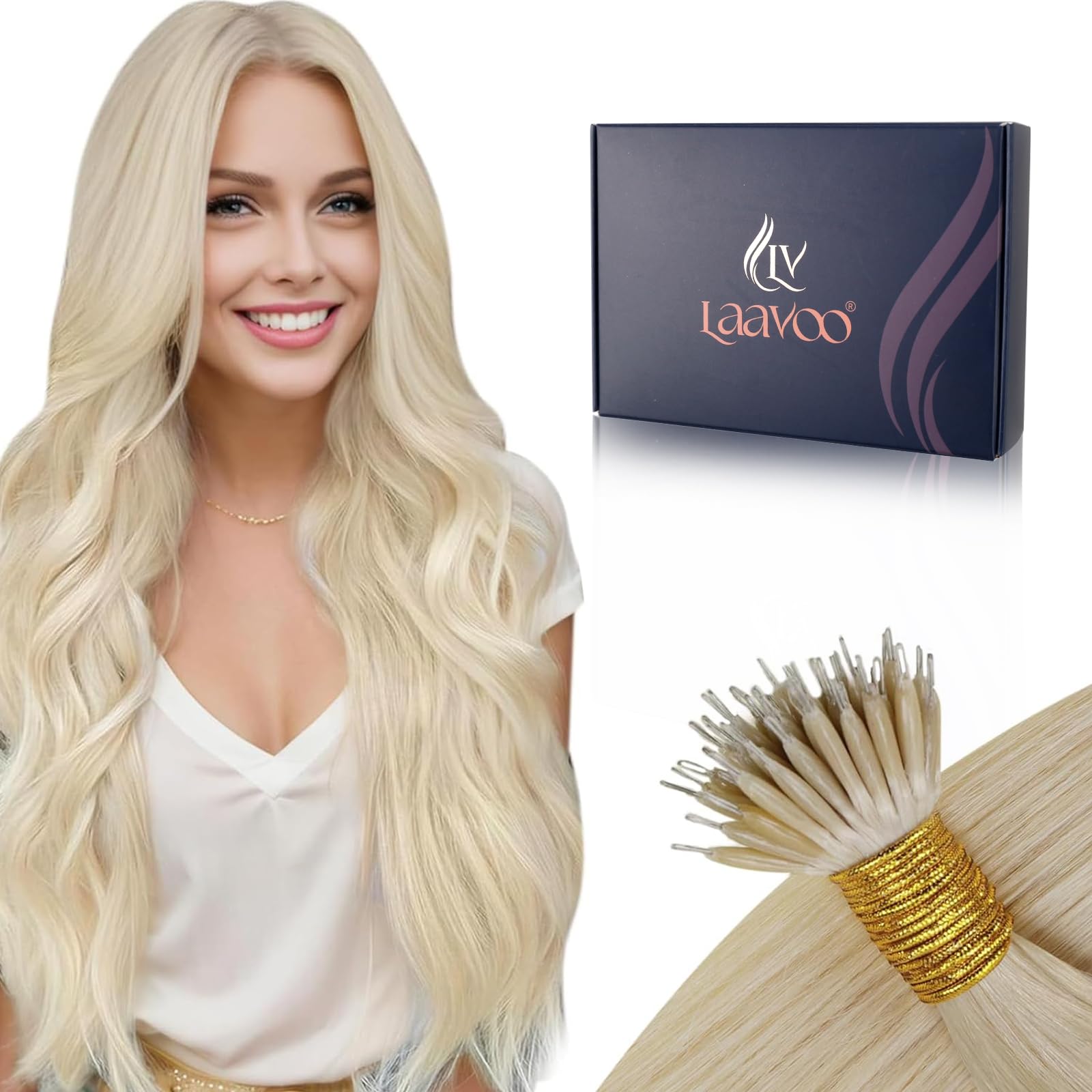 LaaVoo Nano Hair Extensions Real Human Hair Blonde Nano Beads Hair Extensions Platinum Blonde Invisible Nano Ring Straight Remy Hair 50g 50s 14 Inch #60 — view 21
