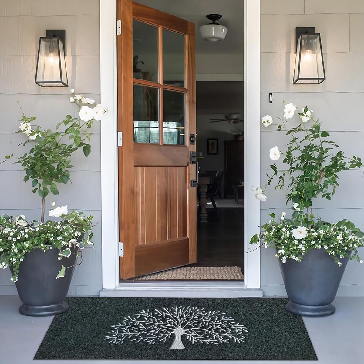 AOAOPQ Grand paillasson d'intérieur - 45 x 120 cm - Arbre de Vie - Lavable - Anti-saleté - Antidérapant - Absorbant - pour entrée, terrasse, intérieur et extérieur - Noir