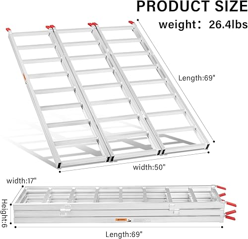 Miniatura 3 de Rampas de carga de aluminio para motos de nieve de 69 pulgadas de largo x 50 pulgadas de ancho, rampa de carga para motos de nieve de capacidad de