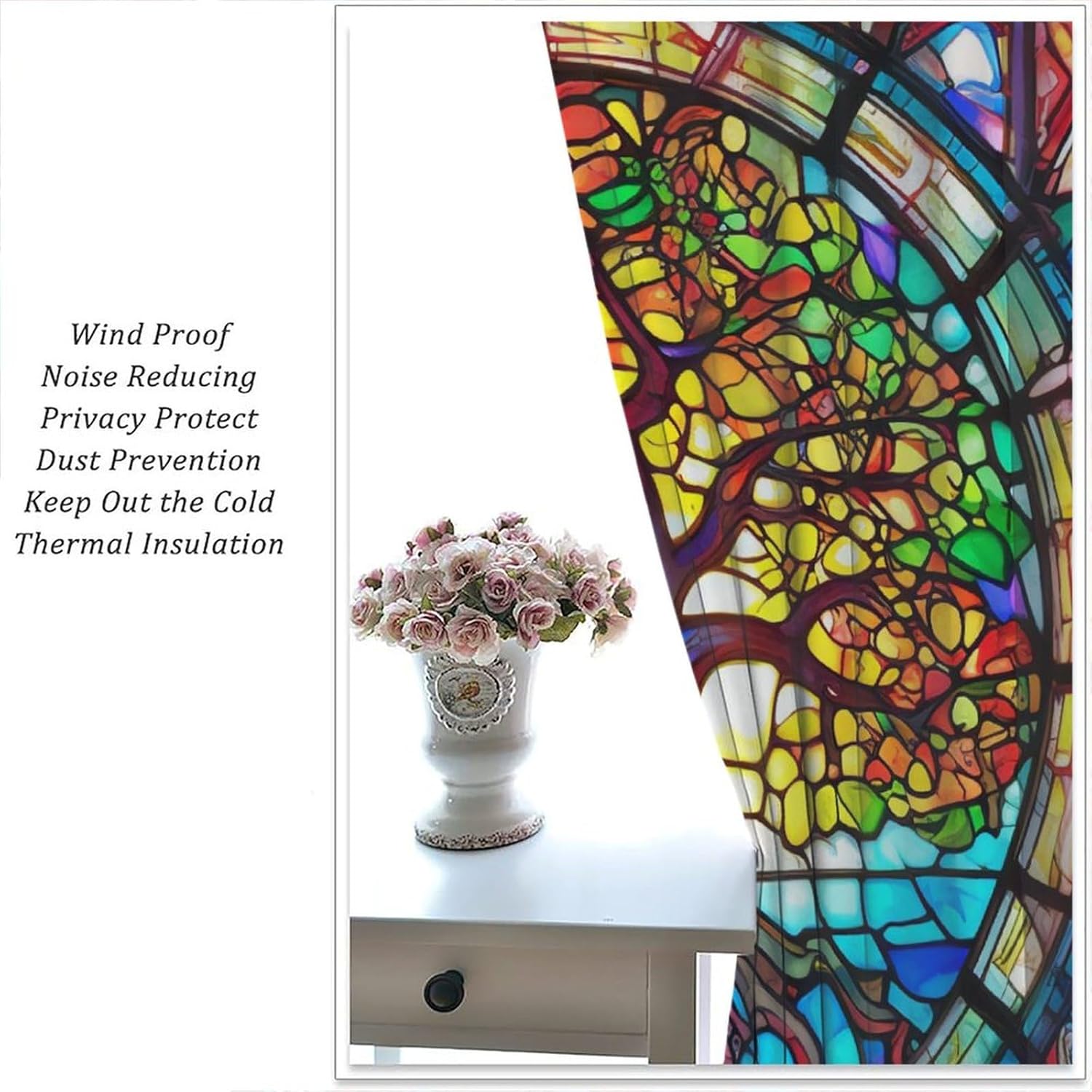 Stained Glass Blackout Window Curtain, Stained Glass Tree Curtain Colorful Boho Tree Floral Print Window Drapes for Bedroom Living Room 42" W X 45" L