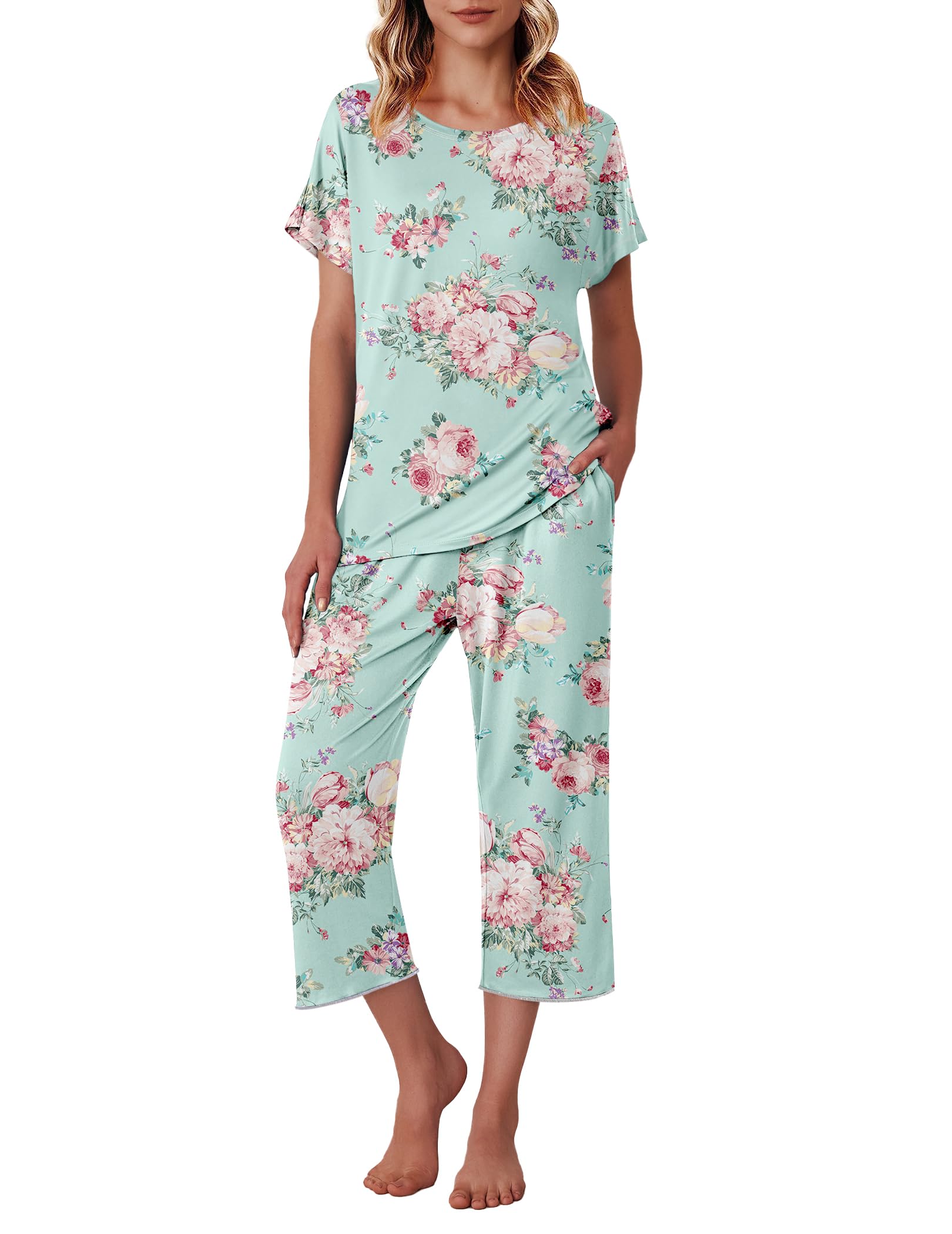 Ekouaer Women's Capri Pajama Sets Floral Print Short Sleeve Sleepwear Top and Capri Pants 2 Piece Loungewear with Pockets