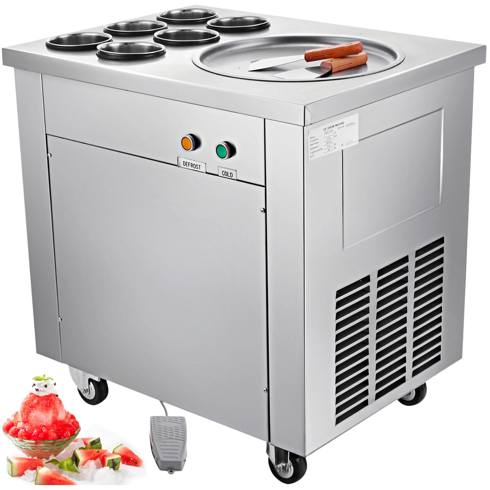 VEVOR Commercial Ice Roll Maker, 13.7" Pan Diameter 740W Ice Cream Maker, 6 Buckets Fried Yogurt Cream Machine, with Food Shovels Perfect for Bars, Cafés, Dessert Shops